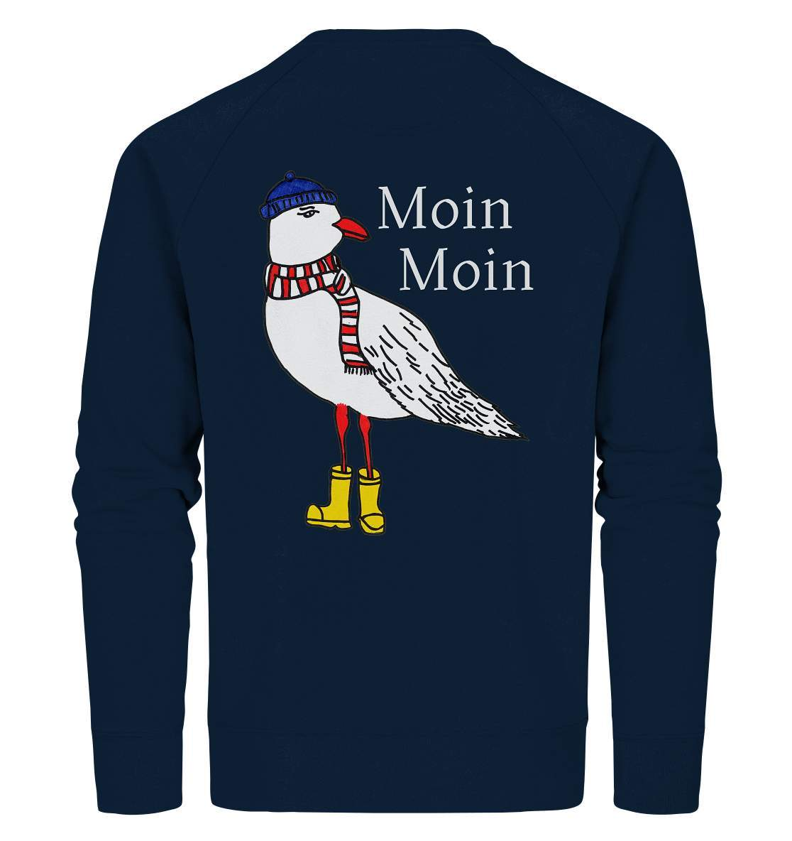 Moin Moin Möwe mit Mütze, Schal und Stiefel Nordsee Ostsee Maritim Style - Organic Sweatshirt-geschenkidee,Maritim,Maritim Lifestyle,Maritim Style,Moin,Moin Moin,Möwe,Möwe mit Mütze,Möwe mit Schal,Möwe mit Stiefel,Nordlicht,Nordsee,Ostsee,Ostseeurlaub