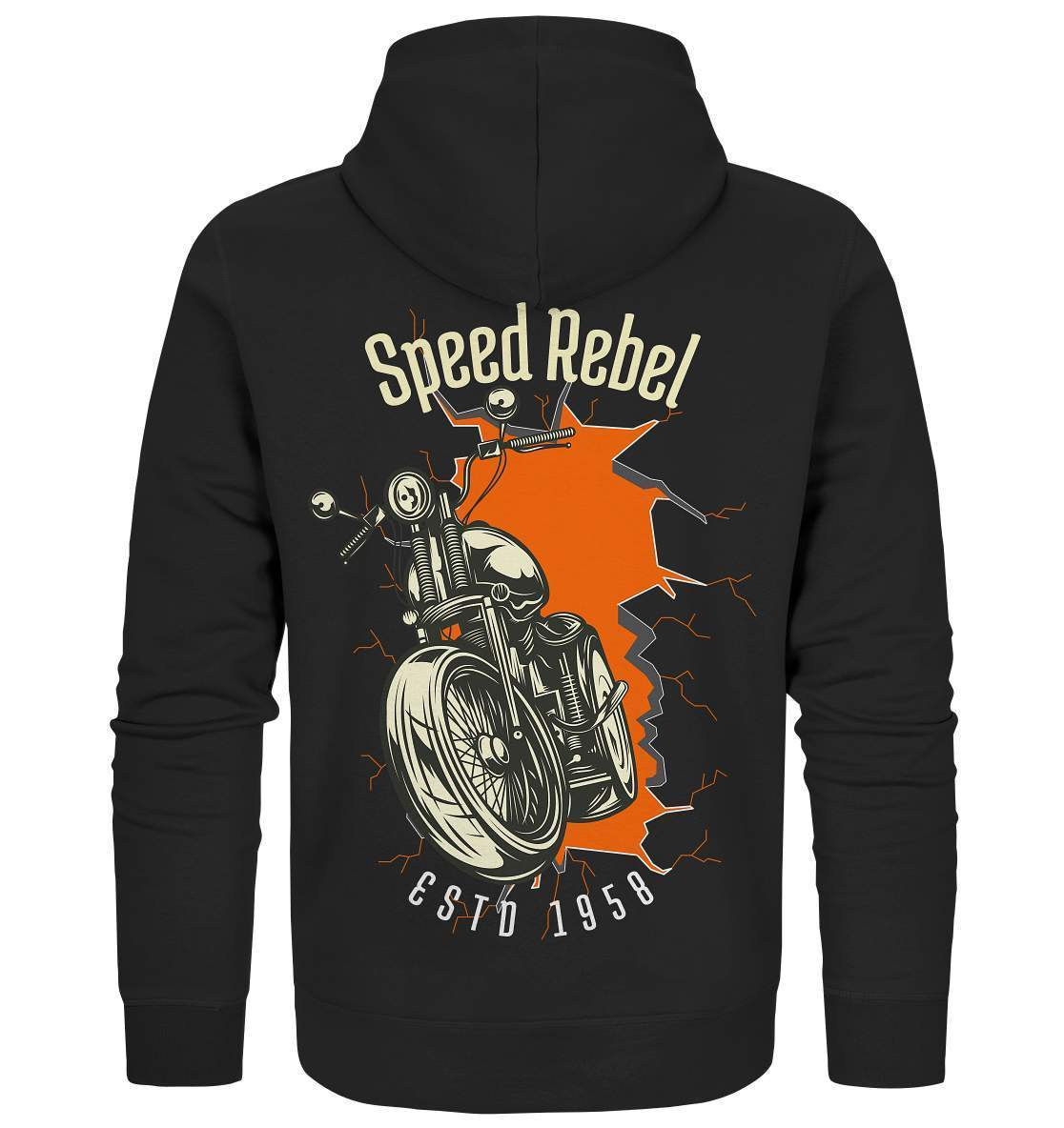 Speed Rebel ESTD 1958 - Biker und Chapter Rücken Motiv - Organic Zipper-1958,ausfahrt,bike,biker,biker outfit,biker shirt,cafe racer,chapter kluft,chopper,dirt bike,fun,funny,lustig,moped,motocross,Motorrad,motorrad tour,motorsport,simson,Speed,Speed rebel,v2,zweirad