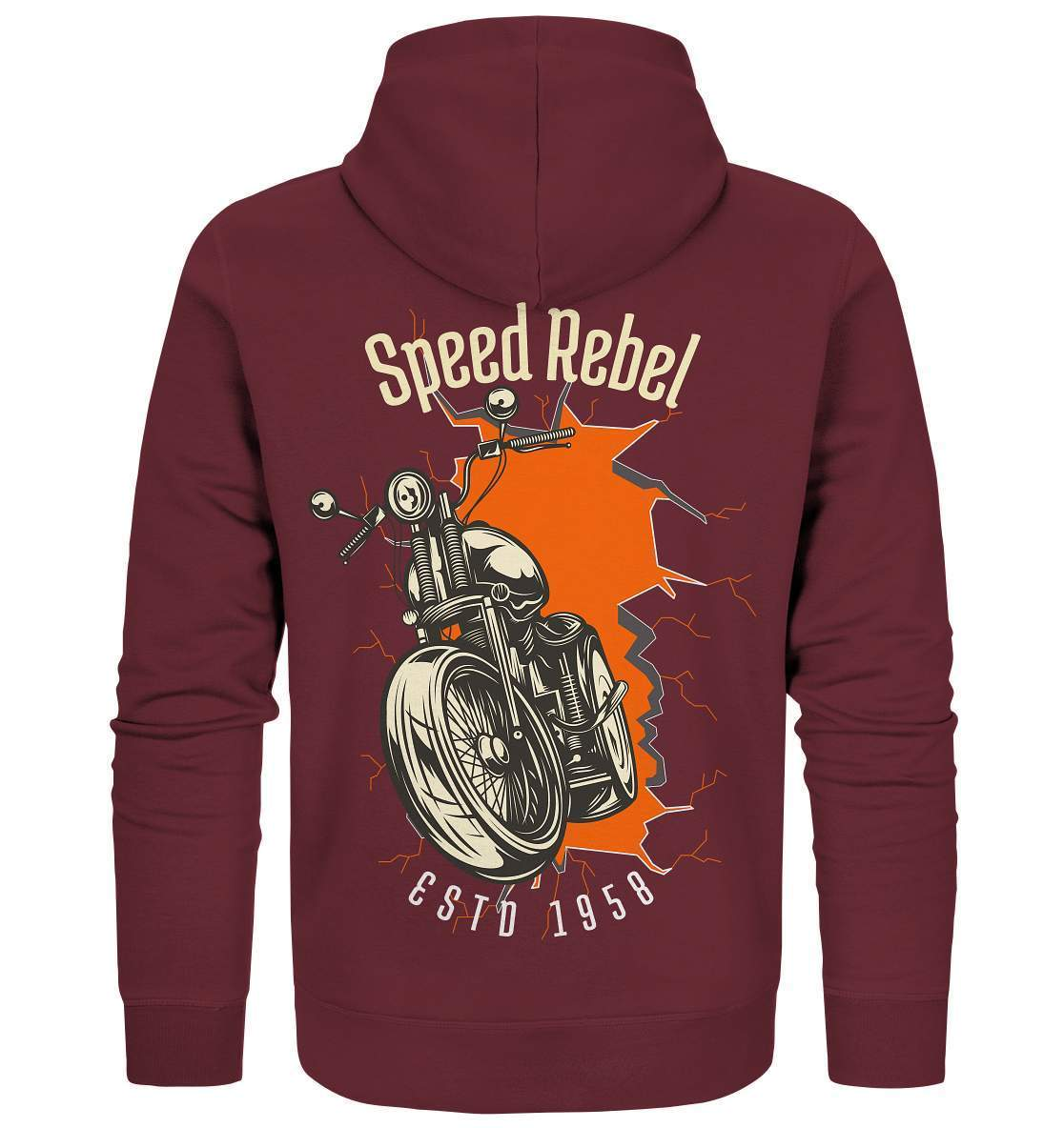 Speed Rebel ESTD 1958 - Biker und Chapter Rücken Motiv - Organic Zipper-1958,ausfahrt,bike,biker,biker outfit,biker shirt,cafe racer,chapter kluft,chopper,dirt bike,fun,funny,lustig,moped,motocross,Motorrad,motorrad tour,motorsport,simson,Speed,Speed rebel,v2,zweirad