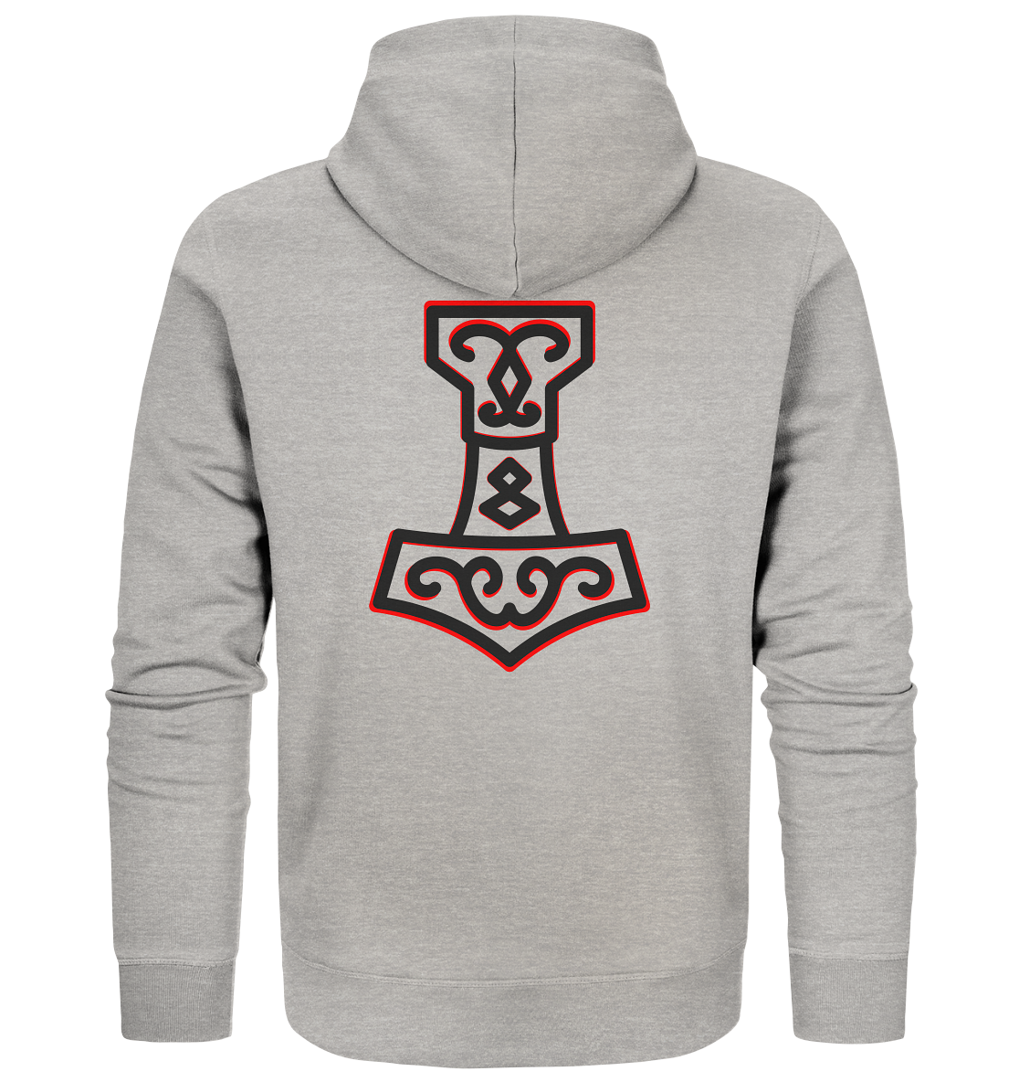 Wikinger Sweatshirt mit Reißverschluss Thors Hammer Mjölnir auf Brust mit Name in Futhark und Rücken mit Großdruck nordisches Mythologie - Organic Zipper