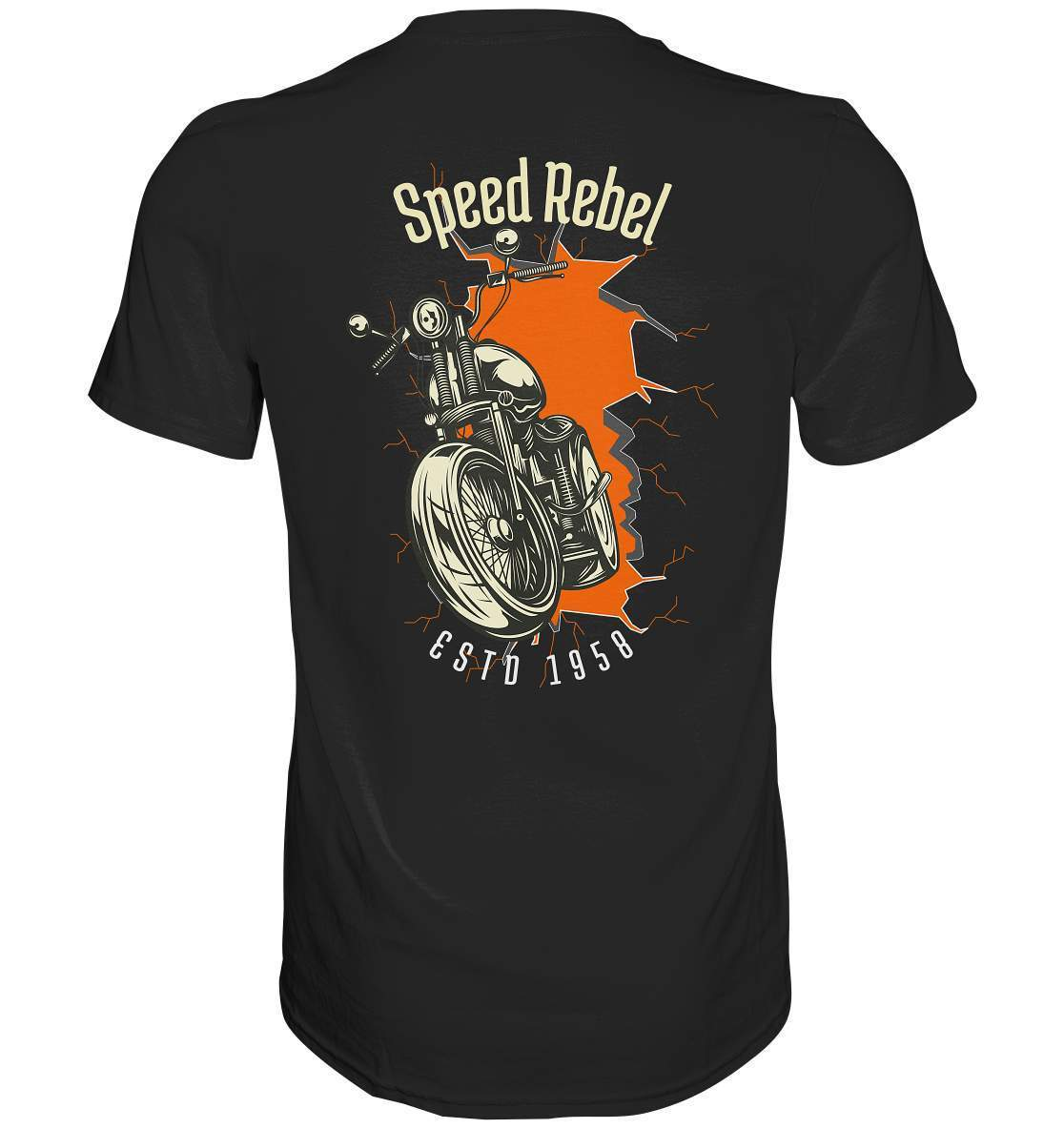 Speed Rebel ESTD 1958 - Biker und Chapter Rücken Motiv - Premium Shirt-1958,ausfahrt,bike,biker,biker outfit,biker shirt,cafe racer,chapter kluft,chopper,dirt bike,fun,funny,lustig,moped,motocross,Motorrad,motorrad tour,motorsport,simson,Speed,Speed rebel,v2,zweirad