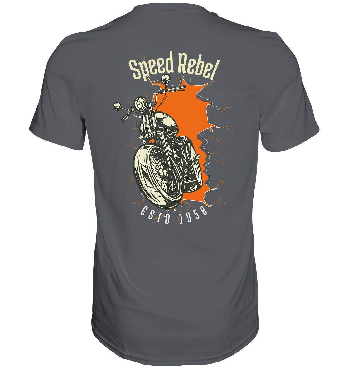 Speed Rebel ESTD 1958 - Biker und Chapter Rücken Motiv - Premium Shirt-1958,ausfahrt,bike,biker,biker outfit,biker shirt,cafe racer,chapter kluft,chopper,dirt bike,fun,funny,lustig,moped,motocross,Motorrad,motorrad tour,motorsport,simson,Speed,Speed rebel,v2,zweirad