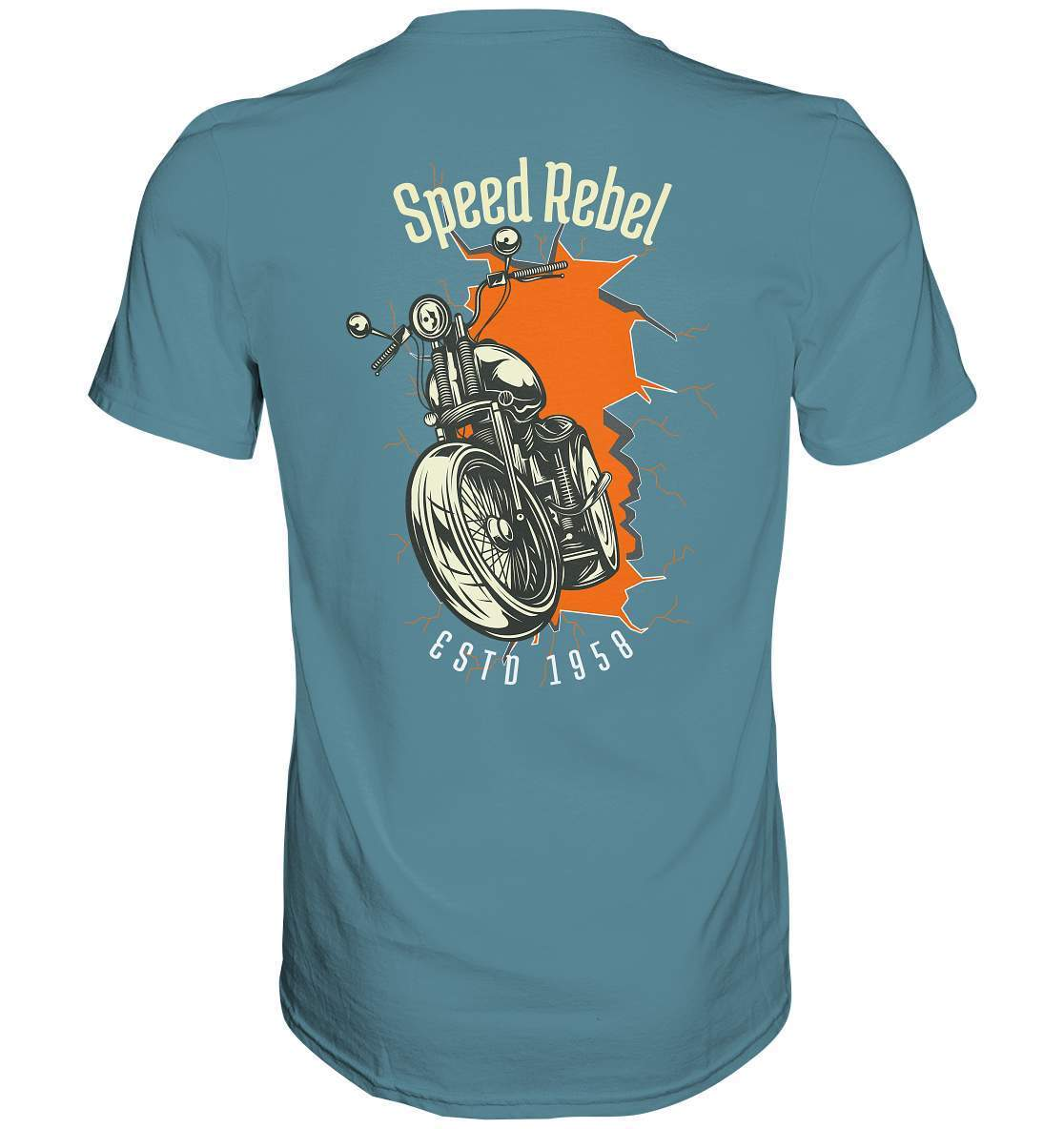 Speed Rebel ESTD 1958 - Biker und Chapter Rücken Motiv - Premium Shirt-1958,ausfahrt,bike,biker,biker outfit,biker shirt,cafe racer,chapter kluft,chopper,dirt bike,fun,funny,lustig,moped,motocross,Motorrad,motorrad tour,motorsport,simson,Speed,Speed rebel,v2,zweirad