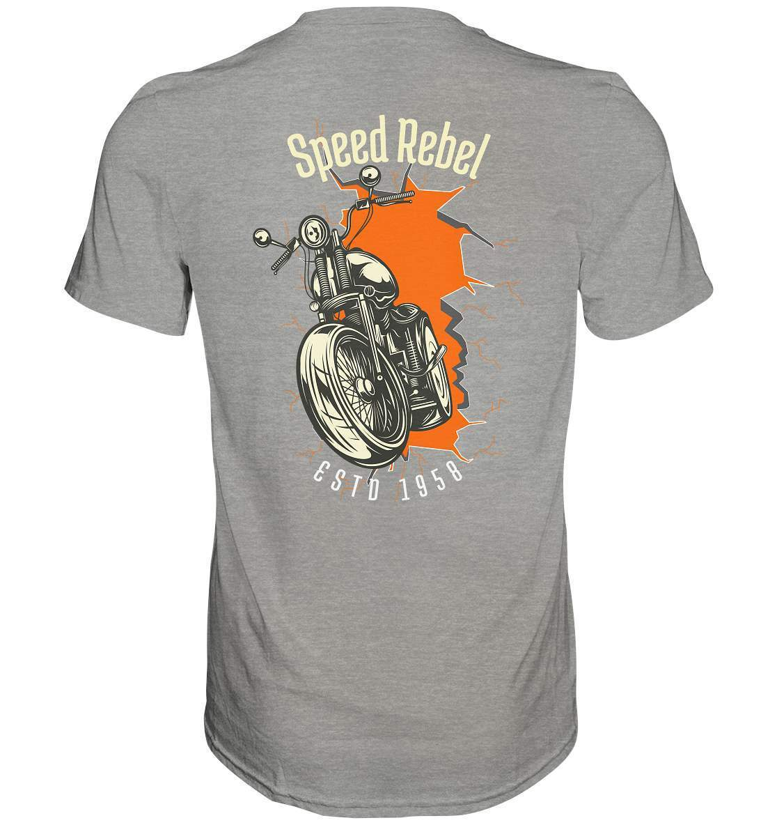 Speed Rebel ESTD 1958 - Biker und Chapter Rücken Motiv - Premium Shirt-1958,ausfahrt,bike,biker,biker outfit,biker shirt,cafe racer,chapter kluft,chopper,dirt bike,fun,funny,lustig,moped,motocross,Motorrad,motorrad tour,motorsport,simson,Speed,Speed rebel,v2,zweirad