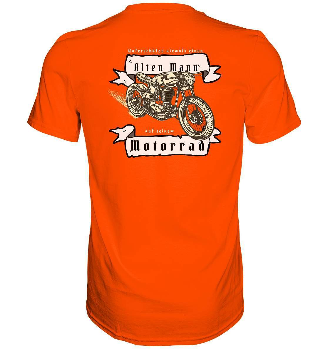 Unterschätze niemals einen alten Mann - Motorrad Rücken Motiv - Premium Shirt-alter mann,ausfahrt,bike,biker,cafe racer,chopper,dirt bike,fun,funny,lustig,mofa,moped,motocross,Motorrad,motorrad tour,motorsport,opa,opa on tour,rentner,senior,simson,unterschätzen,v2,zweirad