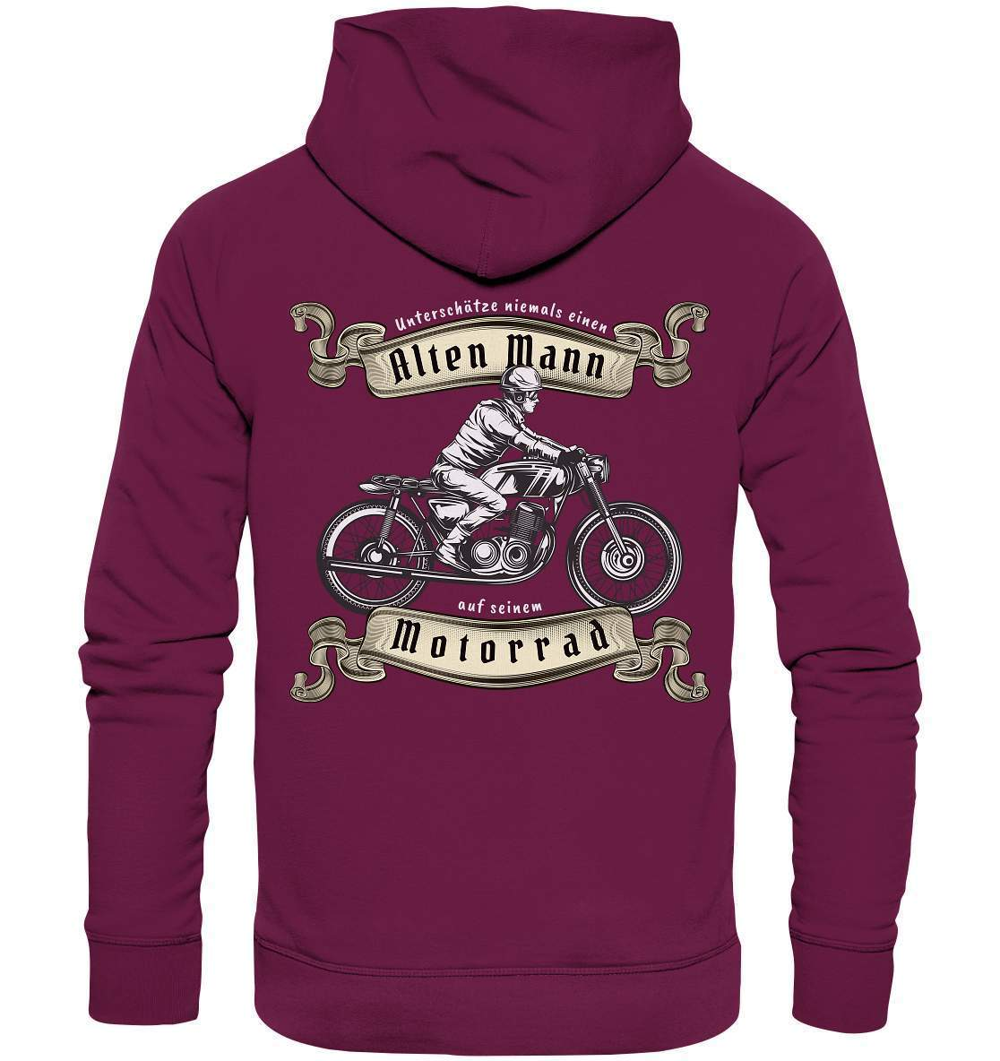 Unterschätze niemals einen alten Mann - Motorrad - Premium Unisex Hoodie-alter mann,ausfahrt,bike,biker,cafe racer,chopper,dirt bike,fun,funny,lustig,mofa,moped,motocross,Motorrad,motorrad tour,motorsport,opa,opa on tour,rentner,senior,simson,unterschätzen,v2,zweirad