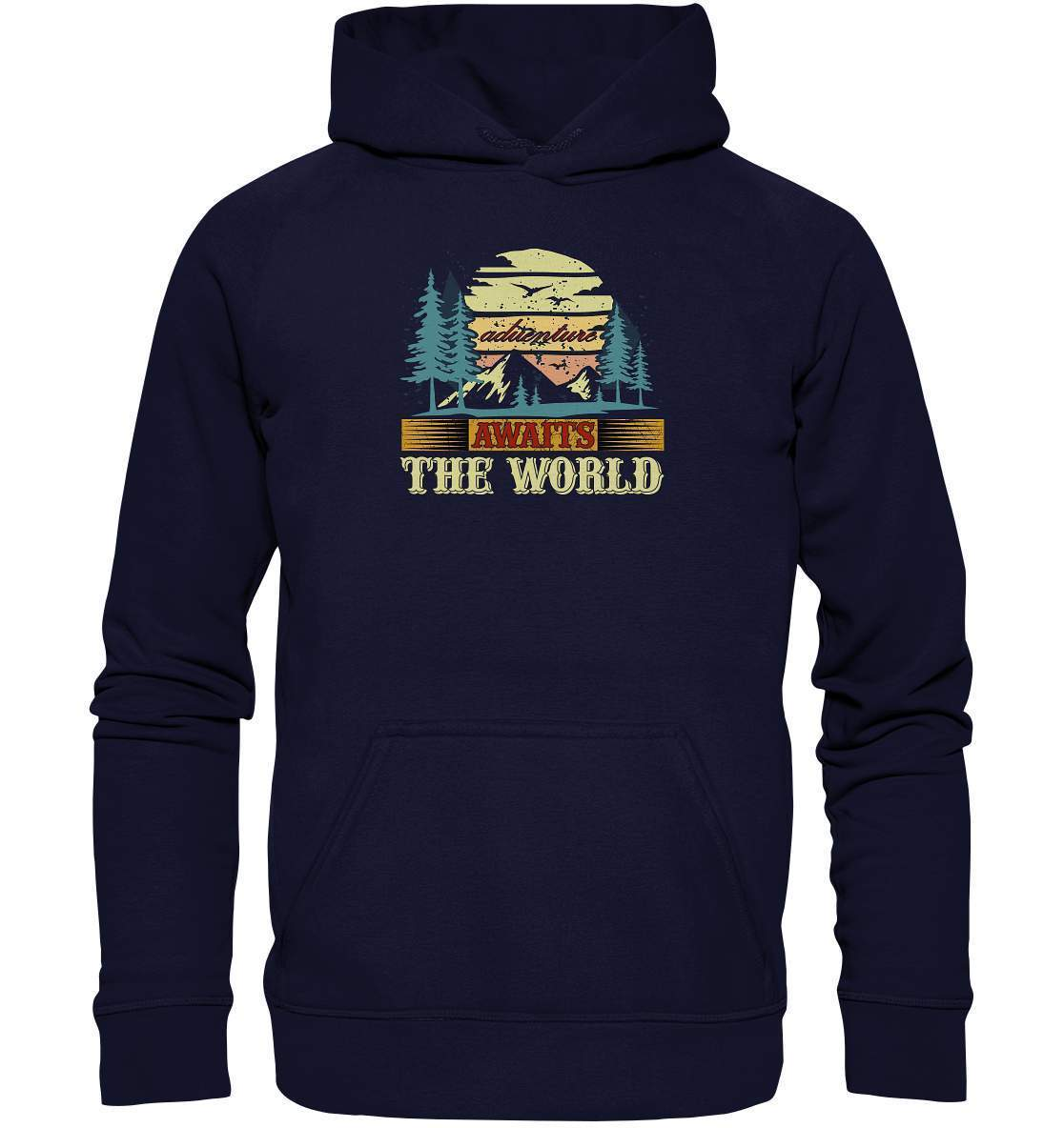 Vintage Adventure Awaits The World Reiselust - Basic Unisex Hoodie XL-abenteuer,abenteuer warten,Adventure Awaits The World,berge,erlebnis,nomaden,reiselust,reisen,wald,wohnwagen,wohnwagen reise,wälder,zugreise