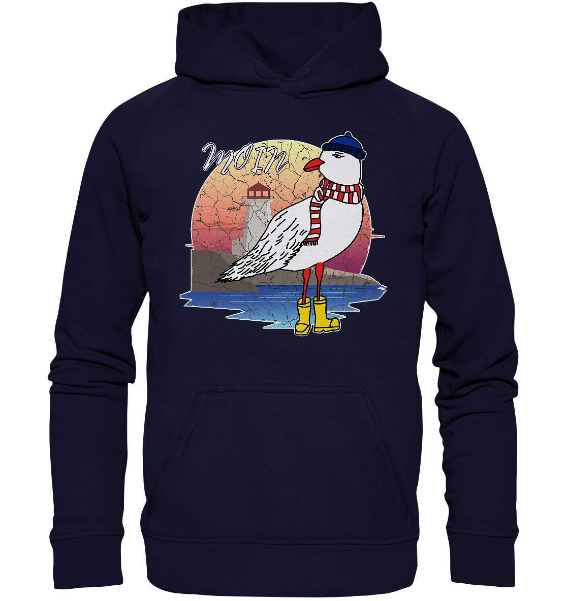 Moin Lässige Möwe im Sonnenaufgang mit Schal und Mütze - Basic Unisex Hoodie XL-Maritim,Maritim Lifestyle,Maritim Style,Moin,Möwe,Möwe im Sonnenaufgang,Nordlicht,Nordsee,Ostsee,Ostseeurlaub,starndliebe,strand motiv,usedom