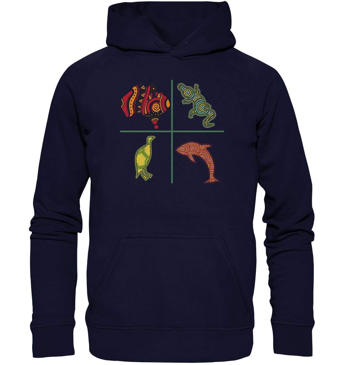 Aboriginal Australian Punktekunst Tiere - Basic Unisex Hoodie XL-aborigines art,delfin,delphin,dotart,eingeboren,eingeborene australien,hand,kiwi,kroko,krokodil,kunst australien,Punktart,punkte,Punktkunst,stammeskunst,tasmanisch