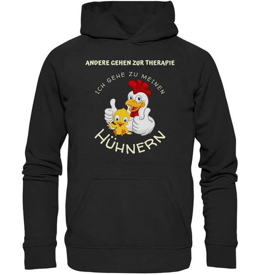 Hühner - Therapie  Lustiges Landwirt Geflügel Bauer - Basic Unisex Hoodie XL-bauer,geflügel,geflügelverein,Geschenk,geschenkidee,hahn,hobbyzucht,hobbyzüchter,hunh,hähnchen,hähne,hühnchen,hühner,hühner therapie,hühnerfarm,hühnerstall,hühnerzüchter,landwirt,verrücktes Huhn