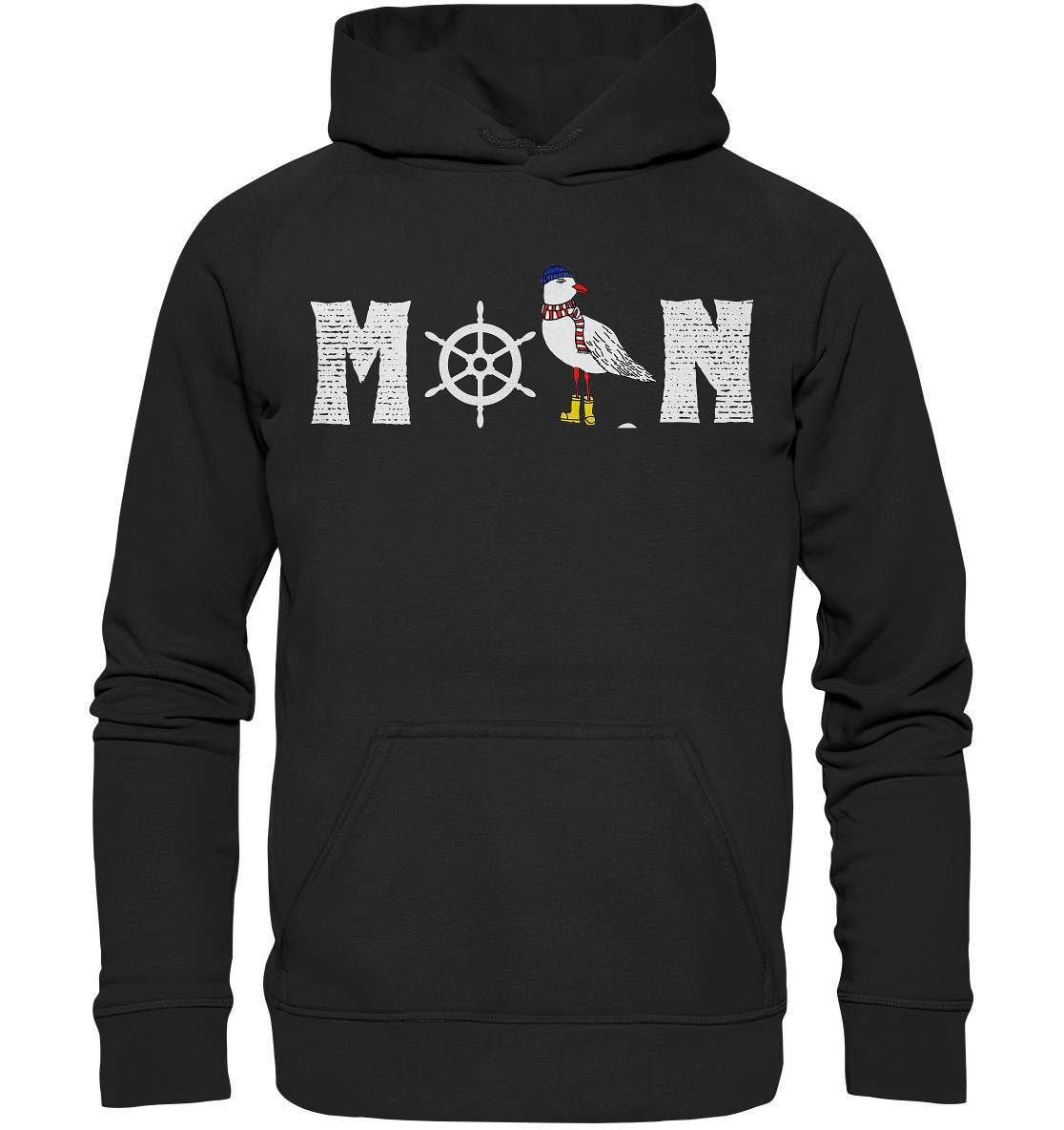 Moin mit Möwe und Steuerrad Nordsee Ostsee Maritim Style  - Basic Unisex Hoodie XL-Maritim,Maritim Lifestyle,Maritim Style,Moin,Möwe,Möwe mit Mütze,Möwe mit Schal,Möwe mit Stiefel,Nordlicht,Nordsee,Ostsee,Ostseeurlaub,Steuerrad