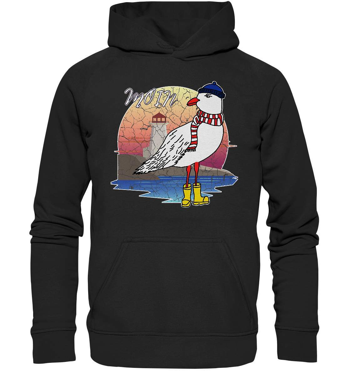 Moin Lässige Möwe im Sonnenaufgang mit Schal und Mütze - Basic Unisex Hoodie XL-Maritim,Maritim Lifestyle,Maritim Style,Moin,Möwe,Möwe im Sonnenaufgang,Nordlicht,Nordsee,Ostsee,Ostseeurlaub,starndliebe,strand motiv,usedom