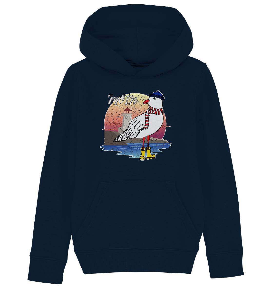 Moin Lässige Möwe im Sonnenaufgang mit Schal und Mütze - Kids Organic Hoodie-Maritim,Maritim Lifestyle,Maritim Style,Moin,Möwe,Möwe im Sonnenaufgang,Nordlicht,Nordsee,Ostsee,Ostseeurlaub,starndliebe,strand motiv,usedom