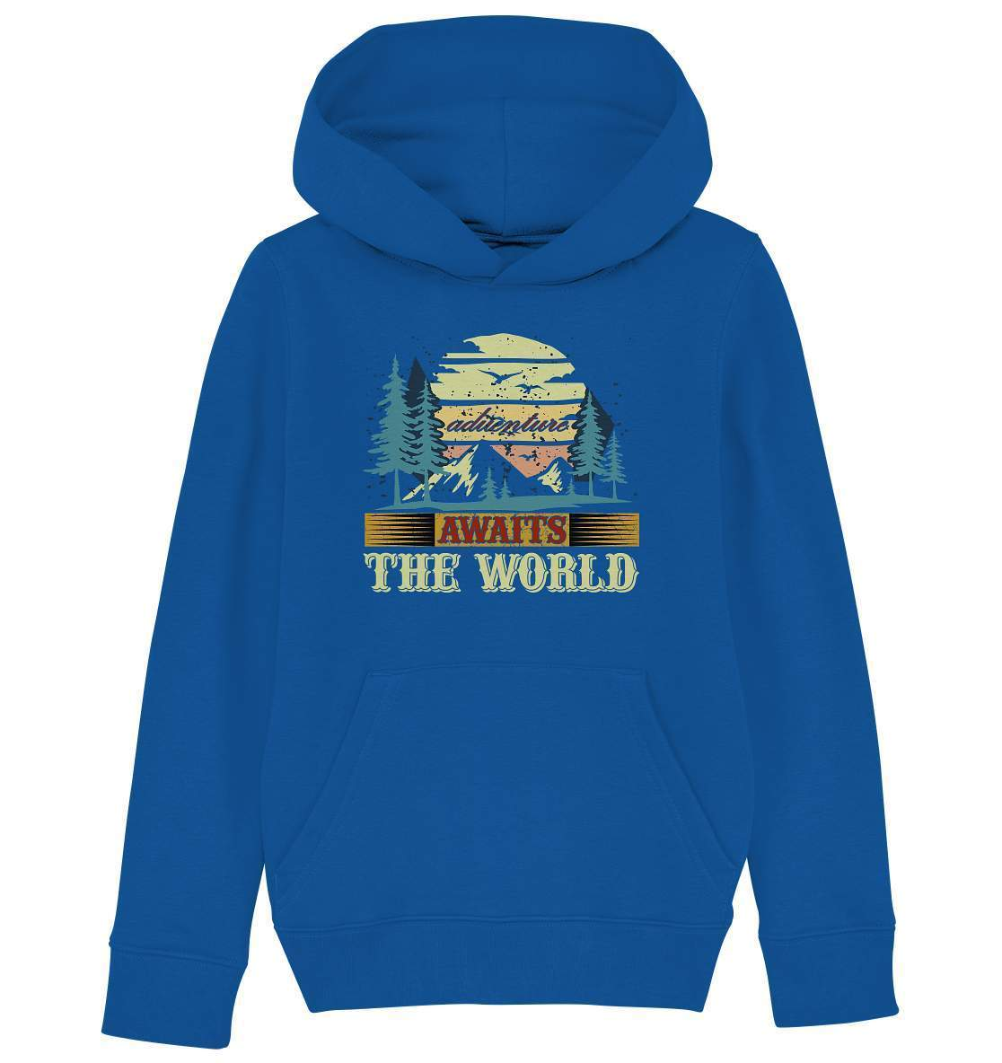 Vintage Adventure Awaits The World Reiselust - Kids Organic Hoodie-abenteuer,abenteuer warten,Adventure Awaits The World,berge,erlebnis,nomaden,Pullover Spruch,reiselust,reisen,wald,wohnwagen,wohnwagen reise,wälder,zugreise