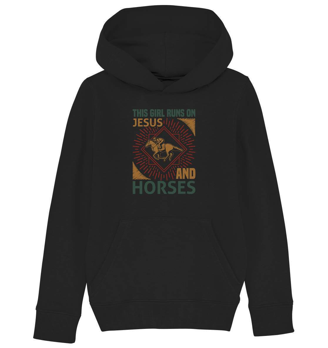 Pferde This Girl runs on Jesus and Horses - Kids Organic Hoodie-dressur,dressurpferd,Girl runs on Jesus and Horses,haflinger,pony,ponyhof,Pullover Spruch,reiter,reitsport,reitverein,sattel,springpferd,springreiten