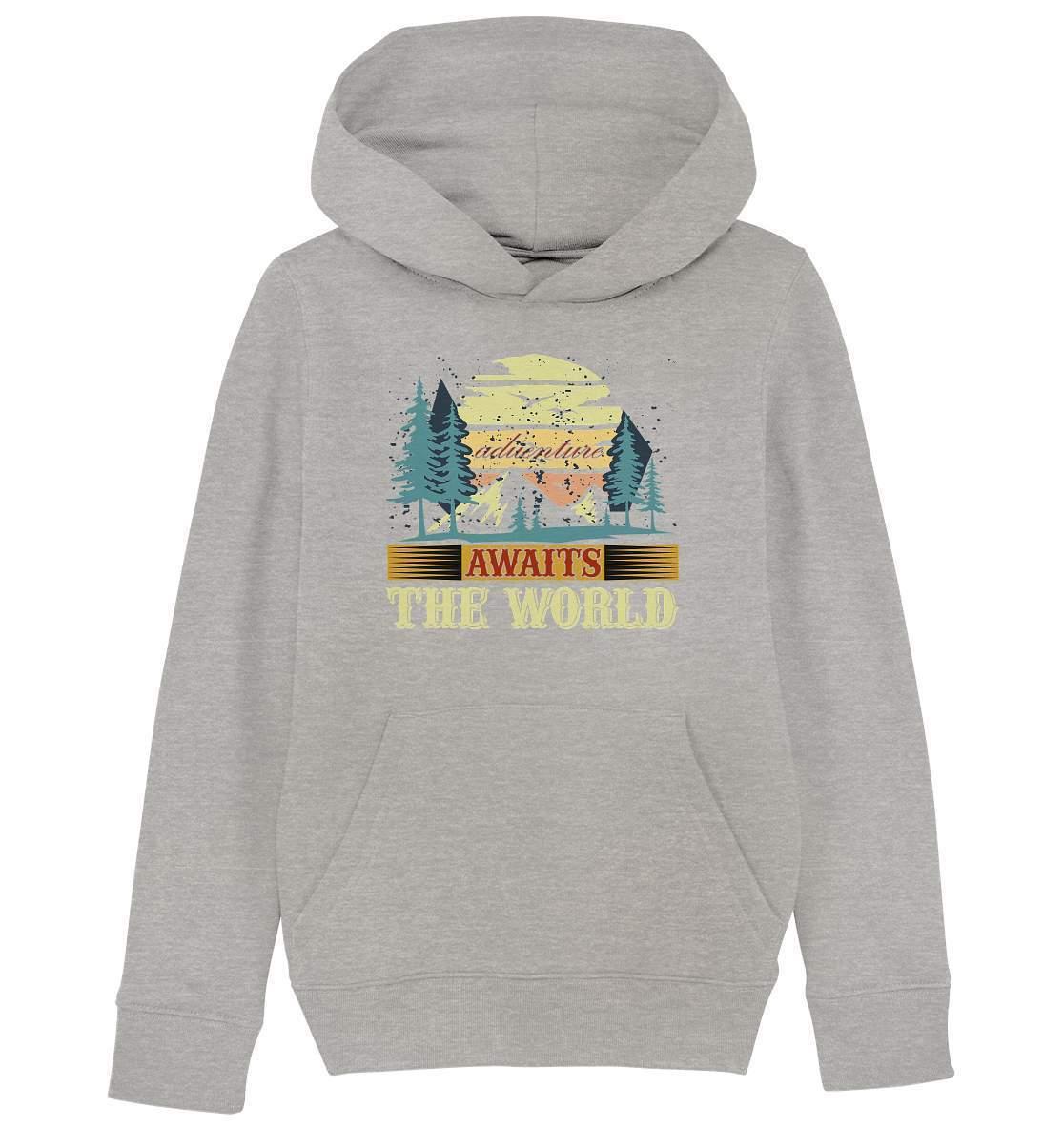 Vintage Adventure Awaits The World Reiselust - Kids Organic Hoodie-abenteuer,abenteuer warten,Adventure Awaits The World,berge,erlebnis,nomaden,Pullover Spruch,reiselust,reisen,wald,wohnwagen,wohnwagen reise,wälder,zugreise