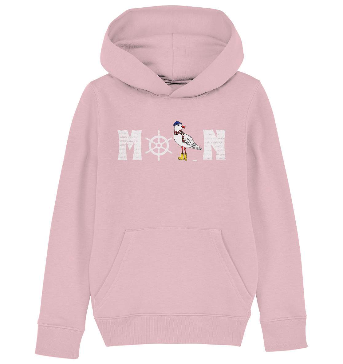 Moin mit Möwe und Steuerrad Nordsee Ostsee Maritim Style  - Kids Organic Hoodie-Maritim,Maritim Lifestyle,Maritim Style,Moin,Möwe,Möwe mit Mütze,Möwe mit Schal,Möwe mit Stiefel,Nordlicht,Nordsee,Ostsee,Ostseeurlaub,Steuerrad