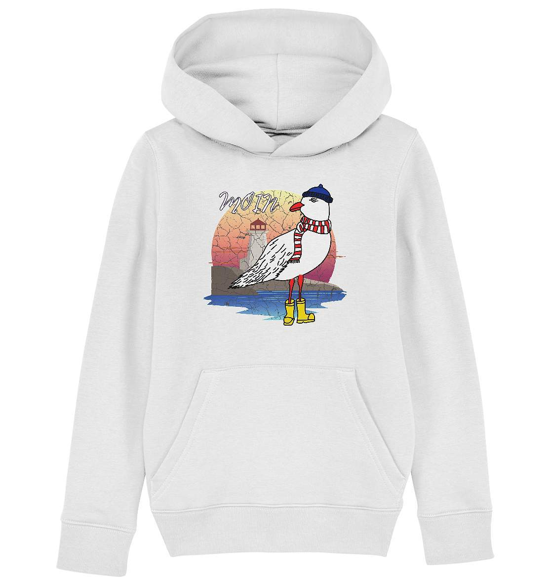 Moin Lässige Möwe im Sonnenaufgang mit Schal und Mütze - Kids Organic Hoodie-Maritim,Maritim Lifestyle,Maritim Style,Moin,Möwe,Möwe im Sonnenaufgang,Nordlicht,Nordsee,Ostsee,Ostseeurlaub,starndliebe,strand motiv,usedom