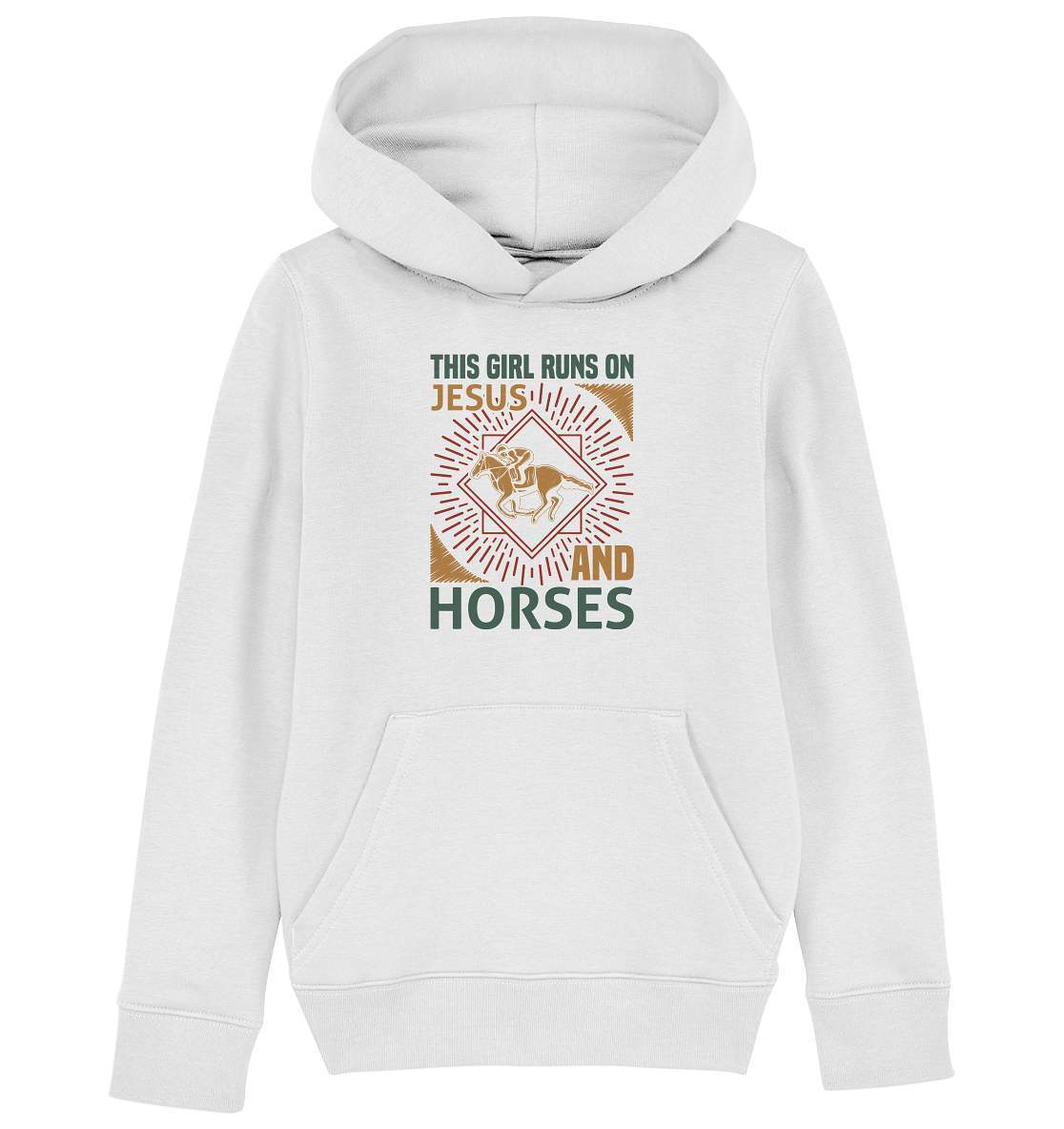 Pferde This Girl runs on Jesus and Horses - Kids Organic Hoodie-dressur,dressurpferd,Girl runs on Jesus and Horses,haflinger,pony,ponyhof,Pullover Spruch,reiter,reitsport,reitverein,sattel,springpferd,springreiten