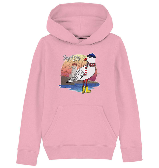 Moin Lässige Möwe im Sonnenaufgang mit Schal und Mütze - Kids Organic Hoodie-Maritim,Maritim Lifestyle,Maritim Style,Moin,Möwe,Möwe im Sonnenaufgang,Nordlicht,Nordsee,Ostsee,Ostseeurlaub,starndliebe,strand motiv,usedom