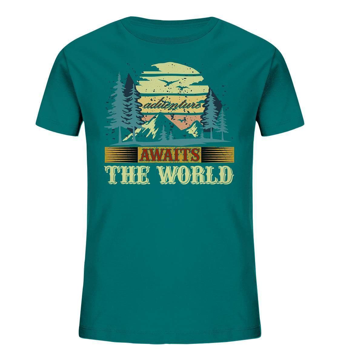 Vintage Adventure Awaits The World Reiselust - Kids Organic Shirt-abenteuer,abenteuer warten,Adventure Awaits The World,berge,erlebnis,nomaden,reiselust,reisen,wald,wohnwagen,wohnwagen reise,wälder,zugreise