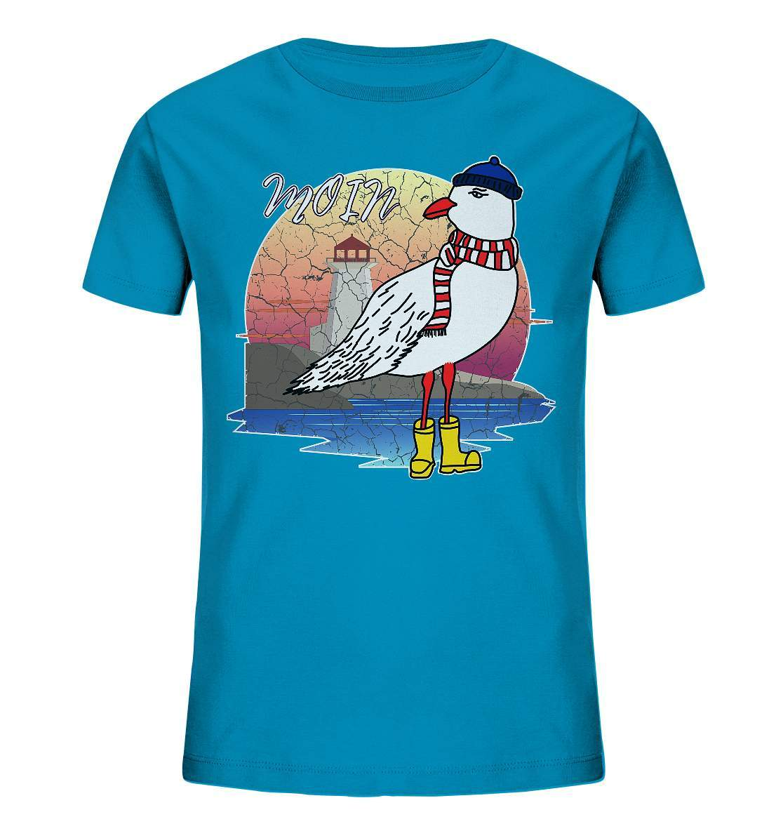 Moin Lässige Möwe im Sonnenaufgang mit Schal und Mütze - Kids Organic Shirt-Maritim,Maritim Lifestyle,Maritim Style,Moin,Möwe,Möwe im Sonnenaufgang,Nordlicht,Nordsee,Ostsee,Ostseeurlaub,starndliebe,strand motiv,usedom