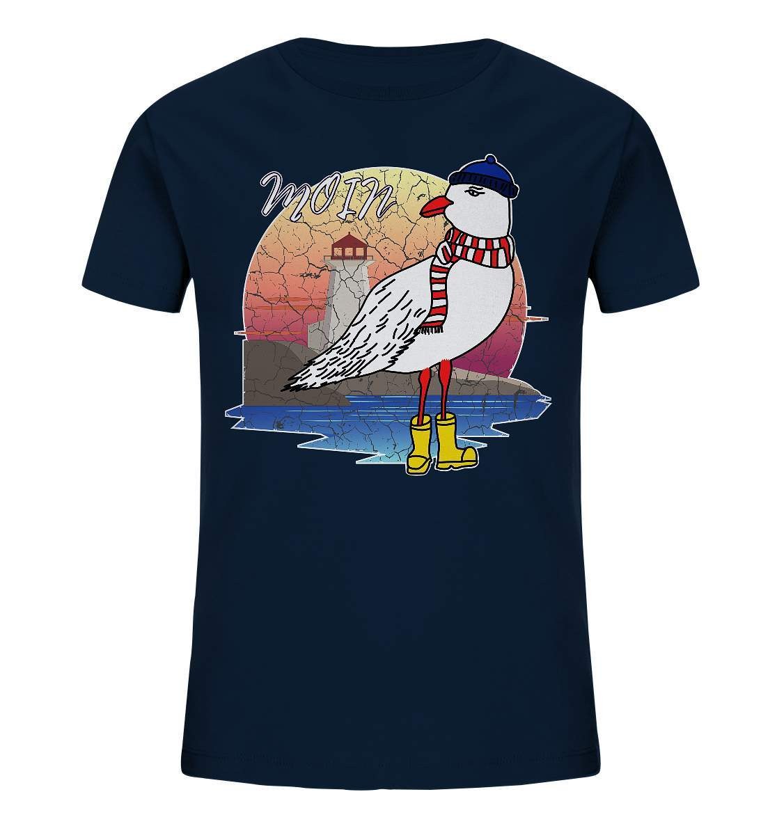 Moin Lässige Möwe im Sonnenaufgang mit Schal und Mütze - Kids Organic Shirt-Maritim,Maritim Lifestyle,Maritim Style,Moin,Möwe,Möwe im Sonnenaufgang,Nordlicht,Nordsee,Ostsee,Ostseeurlaub,starndliebe,strand motiv,usedom