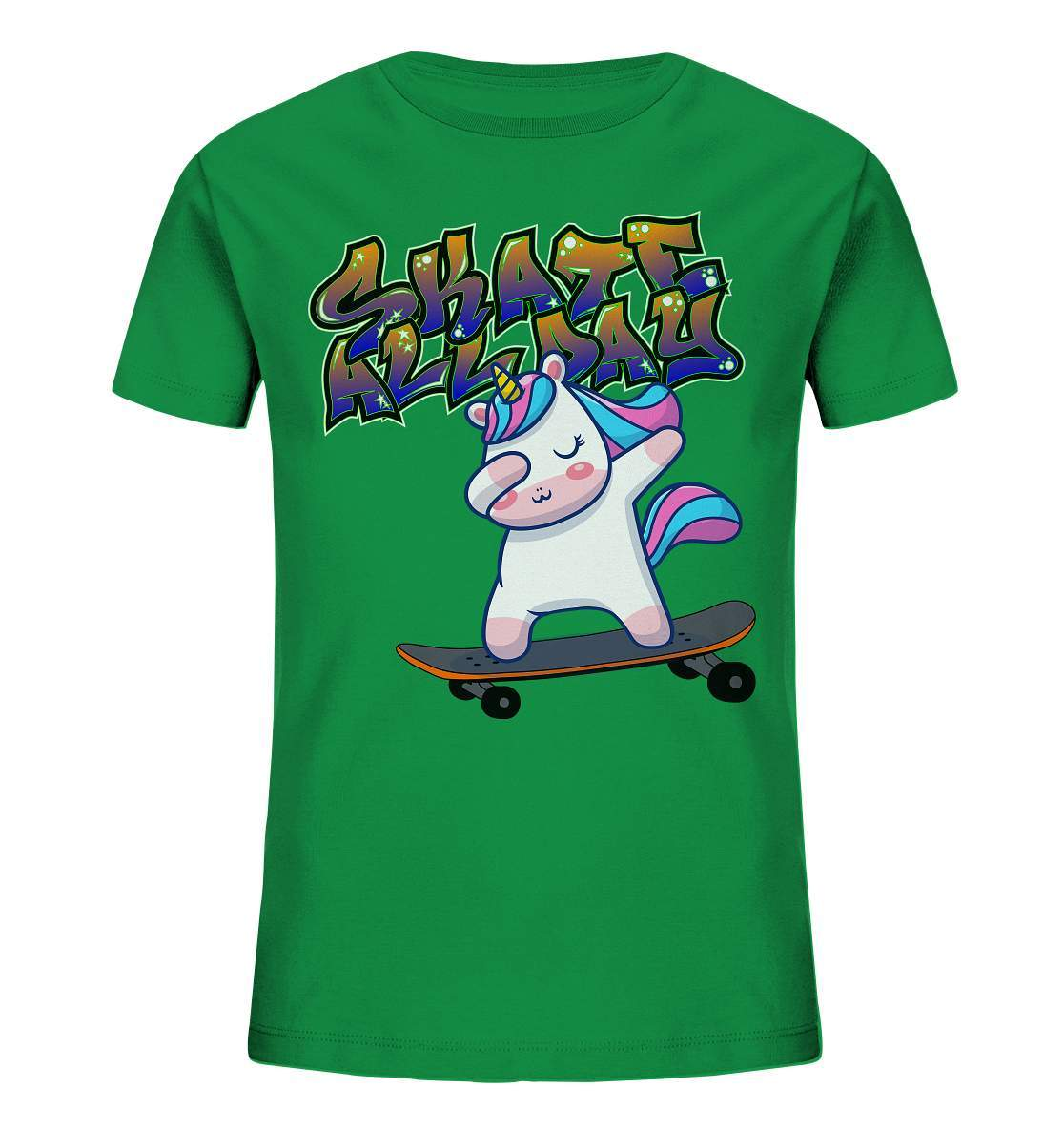 Dabbing Einhorn auf dem Skateboard Skate All Day Graffiti - Kids Organic Shirt-dabbing einhorn,einhorn motiv,einhorn Skateboard,geschenkidee mit Einhorn,graffiti schrift,longboard outfit,skateboard fahren,skater mädchen