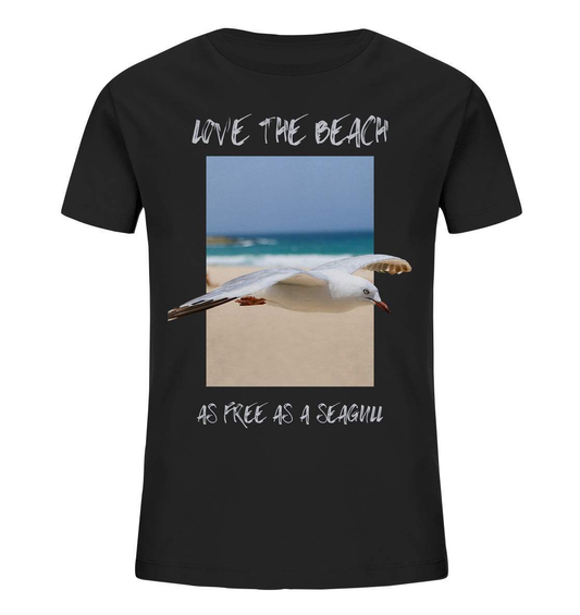 Möwe "Love the beach as free as a Seagull" Nordsee Ostsee Maritim Style - Kids Organic Shirt-Maritim,Maritim Lifestyle,Maritim Style,Moin,Möwe,Möwe im Flug,Nordlicht,Nordsee,Ostsee,Ostseeurlaub,starndliebe,strand motiv,usedom