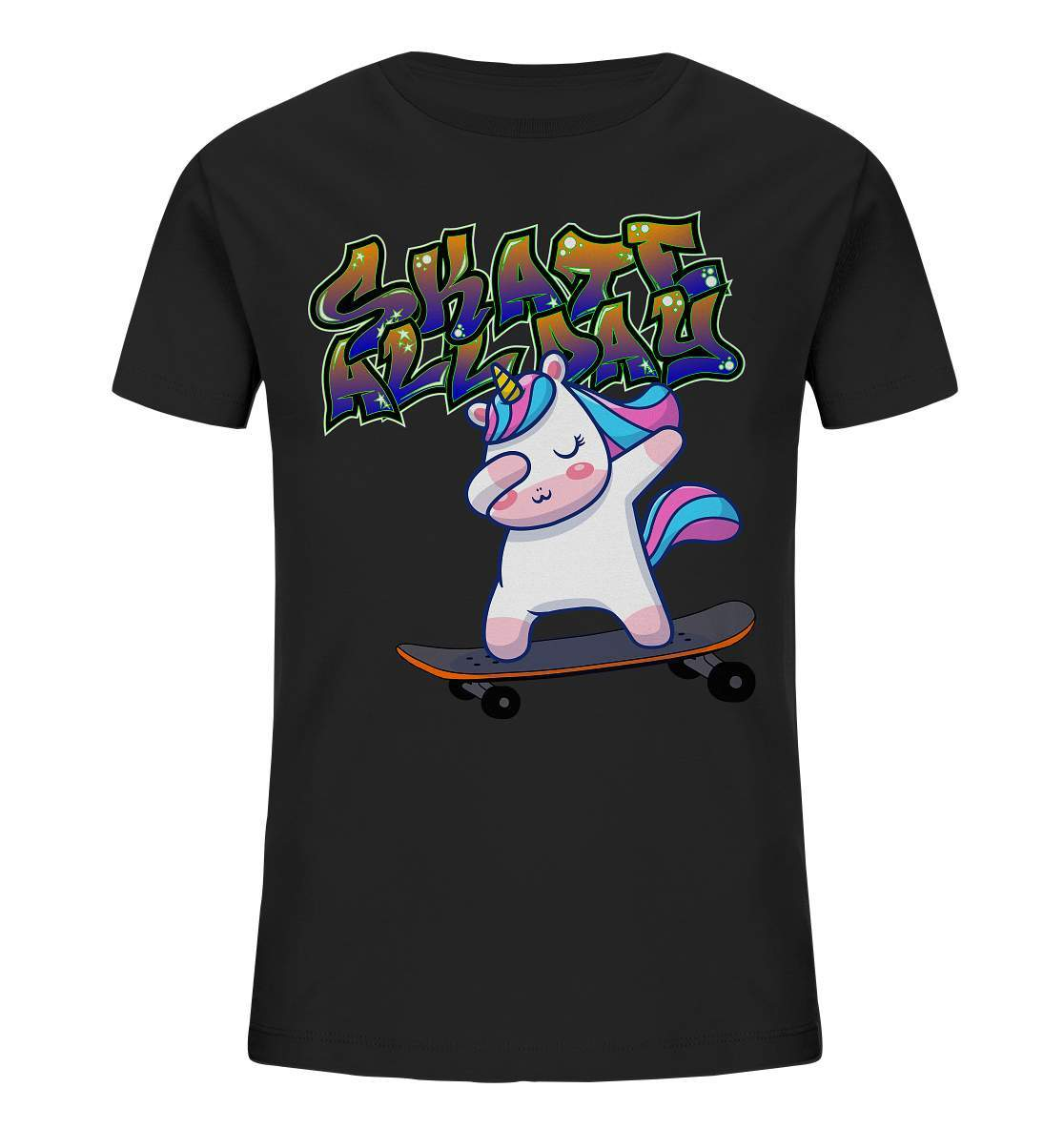 Dabbing Einhorn auf dem Skateboard Skate All Day Graffiti - Kids Organic Shirt-dabbing einhorn,einhorn motiv,einhorn Skateboard,geschenkidee mit Einhorn,graffiti schrift,longboard outfit,skateboard fahren,skater mädchen