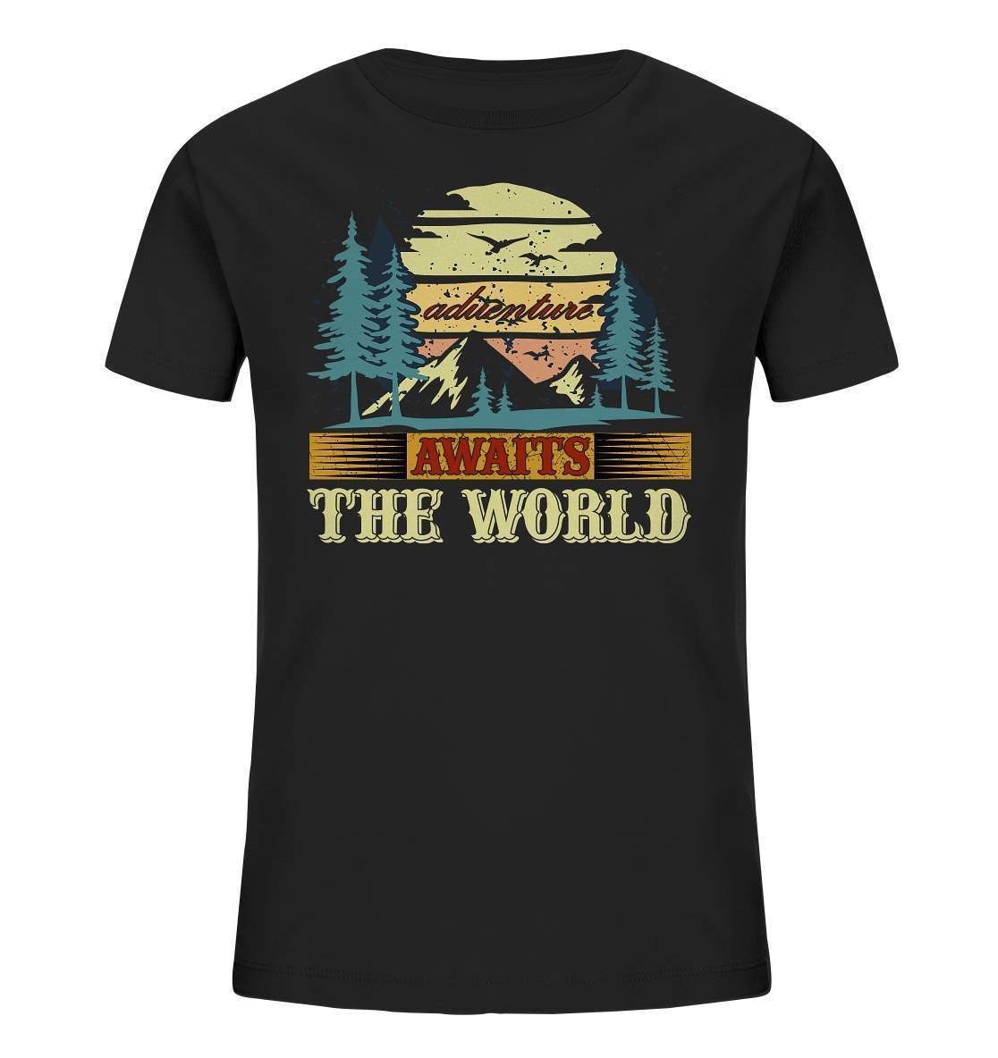 Vintage Adventure Awaits The World Reiselust - Kids Organic Shirt-abenteuer,abenteuer warten,Adventure Awaits The World,berge,erlebnis,nomaden,reiselust,reisen,wald,wohnwagen,wohnwagen reise,wälder,zugreise