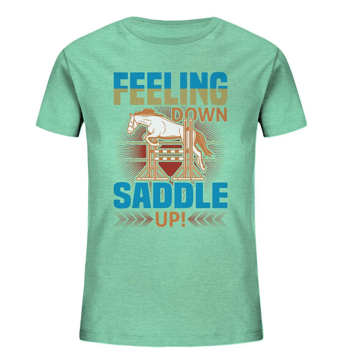 Pferde Feeling down Saddle up! - Kids Organic Shirt-dressur,dressurpferd,Feeling down Saddle up,haflinger,Pferd,pony,ponyhof,reiter,reitsport,reitverein,sattel,springpferd,springreiten