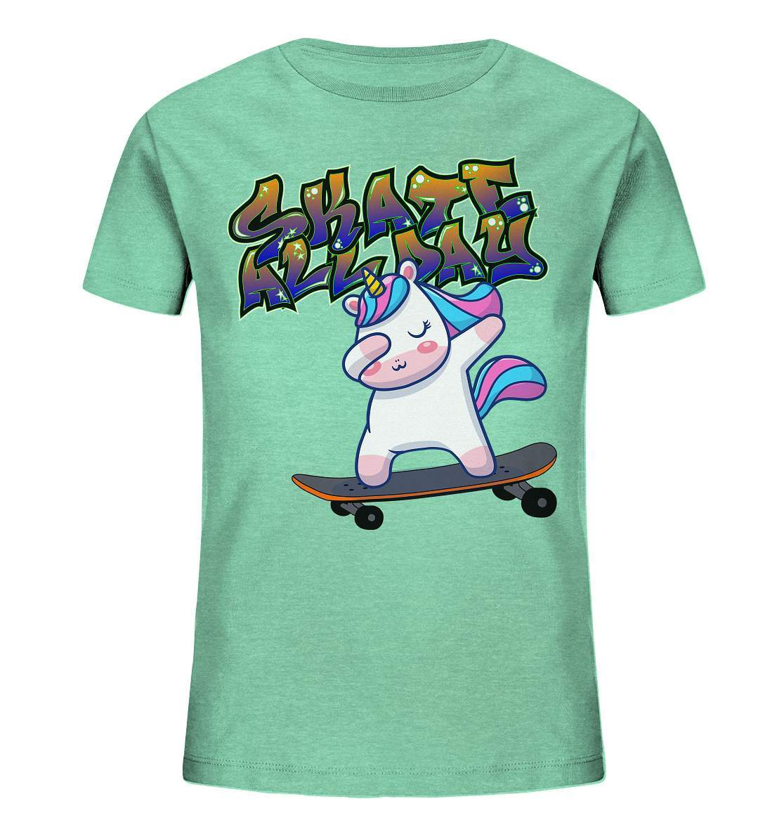 Dabbing Einhorn auf dem Skateboard Skate All Day Graffiti - Kids Organic Shirt-dabbing einhorn,einhorn motiv,einhorn Skateboard,geschenkidee mit Einhorn,graffiti schrift,longboard outfit,skateboard fahren,skater mädchen