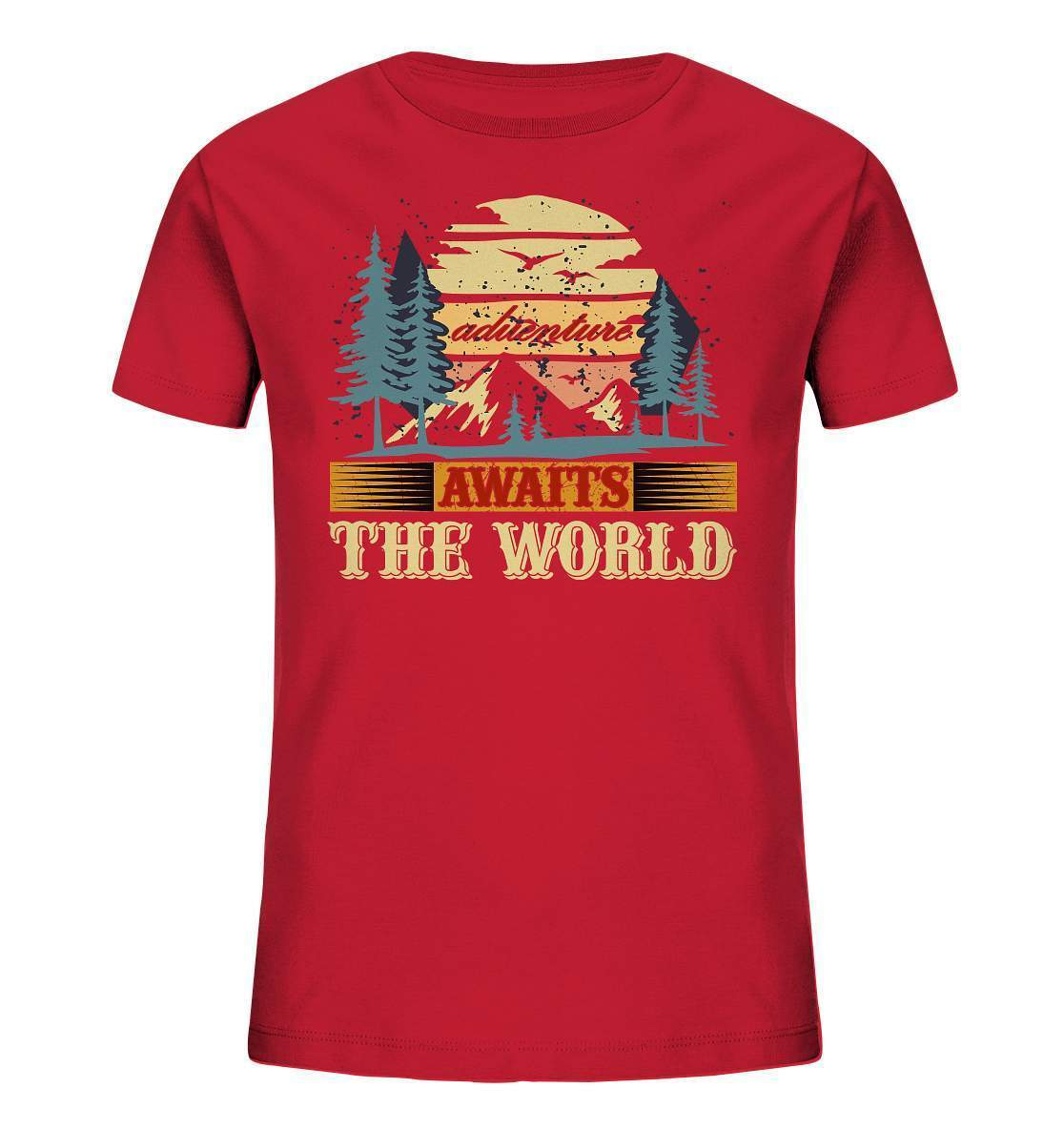 Vintage Adventure Awaits The World Reiselust - Kids Organic Shirt-abenteuer,abenteuer warten,Adventure Awaits The World,berge,erlebnis,nomaden,reiselust,reisen,wald,wohnwagen,wohnwagen reise,wälder,zugreise