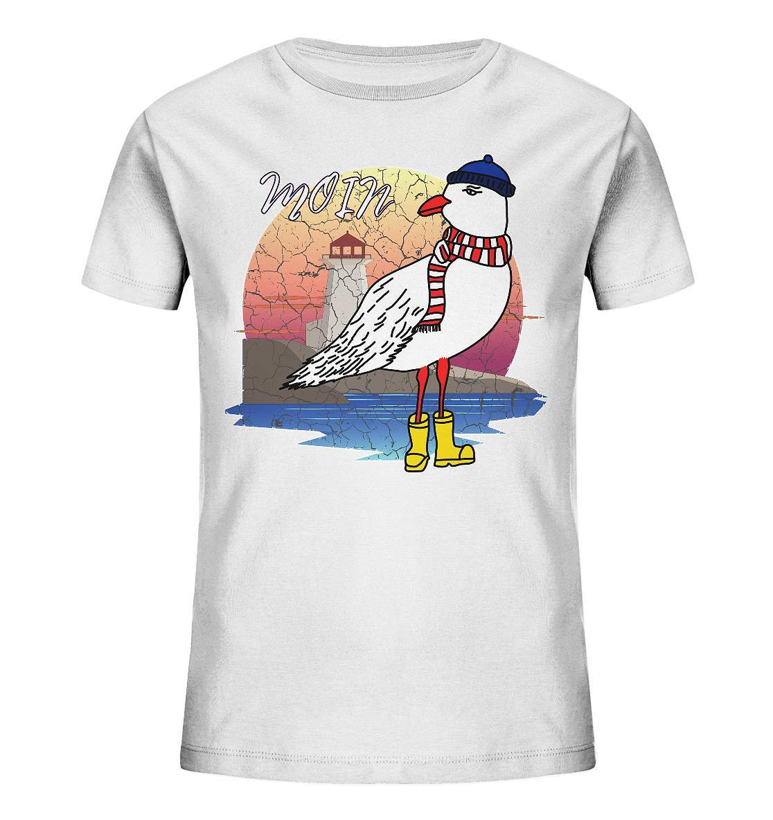 Moin Lässige Möwe im Sonnenaufgang mit Schal und Mütze - Kids Organic Shirt-Maritim,Maritim Lifestyle,Maritim Style,Moin,Möwe,Möwe im Sonnenaufgang,Nordlicht,Nordsee,Ostsee,Ostseeurlaub,starndliebe,strand motiv,usedom