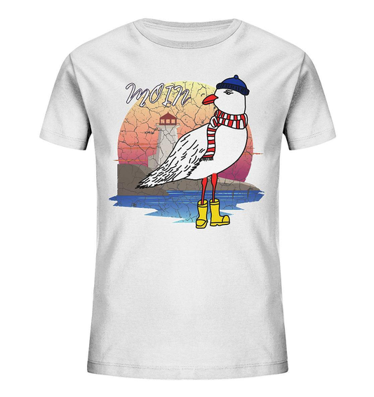 Moin Lässige Möwe im Sonnenaufgang mit Schal und Mütze - Kids Organic Shirt-Maritim,Maritim Lifestyle,Maritim Style,Moin,Möwe,Möwe im Sonnenaufgang,Nordlicht,Nordsee,Ostsee,Ostseeurlaub,starndliebe,strand motiv,usedom