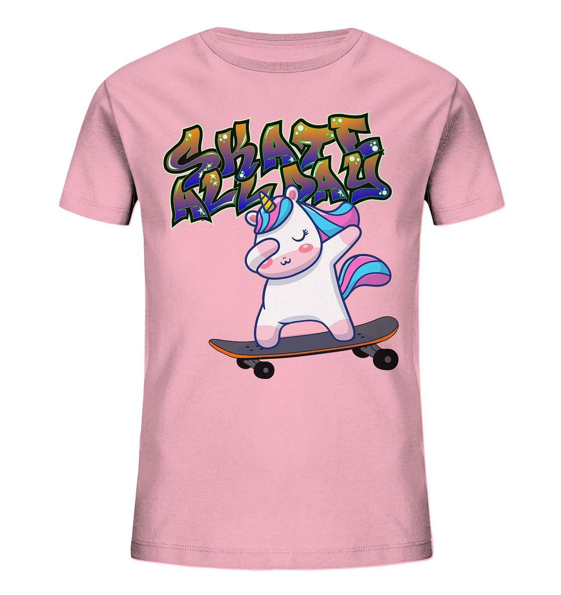 Dabbing Einhorn auf dem Skateboard Skate All Day Graffiti - Kids Organic Shirt-dabbing einhorn,einhorn motiv,einhorn Skateboard,geschenkidee mit Einhorn,graffiti schrift,longboard outfit,skateboard fahren,skater mädchen