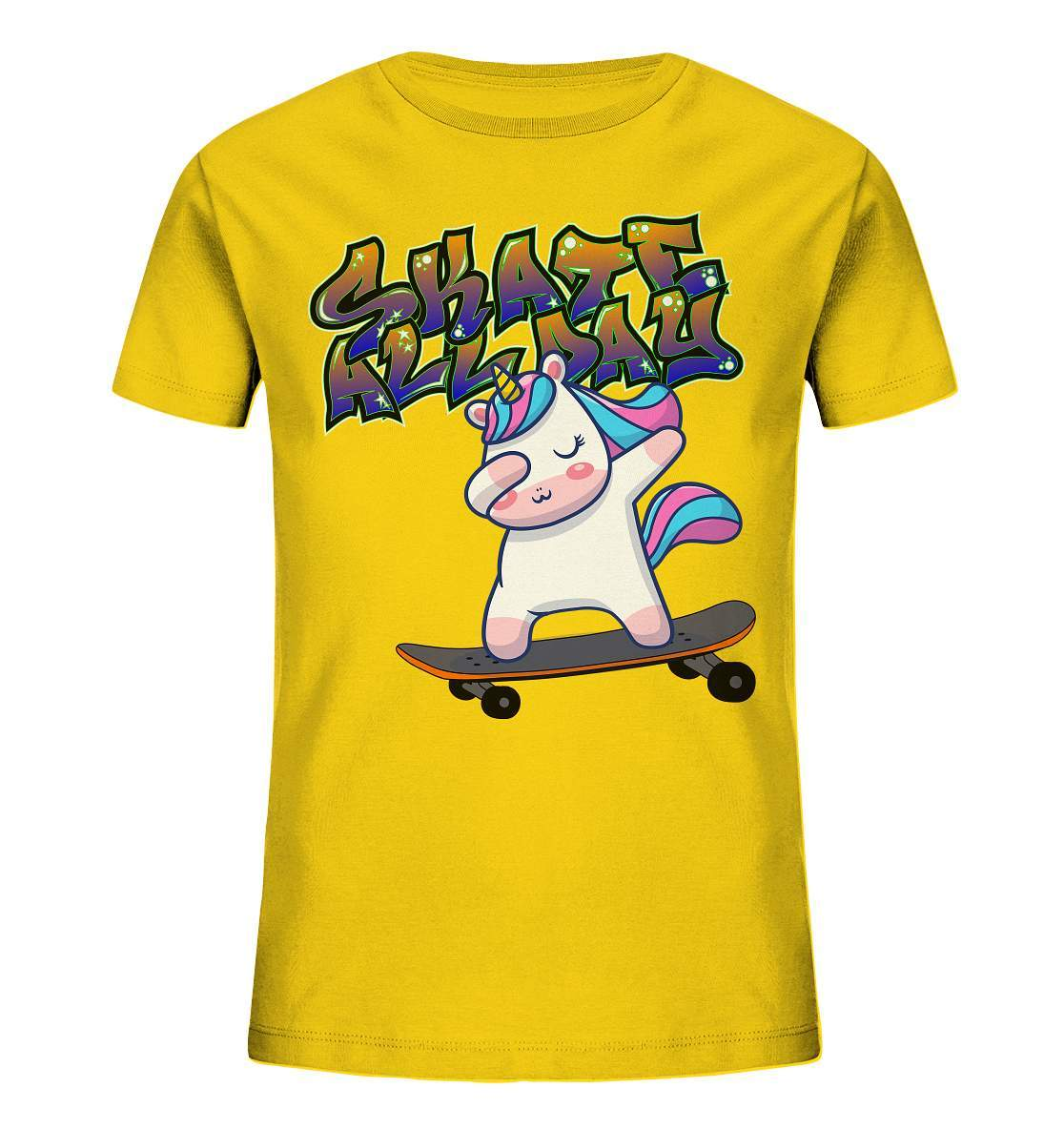 Dabbing Einhorn auf dem Skateboard Skate All Day Graffiti - Kids Organic Shirt-dabbing einhorn,einhorn motiv,einhorn Skateboard,geschenkidee mit Einhorn,graffiti schrift,longboard outfit,skateboard fahren,skater mädchen