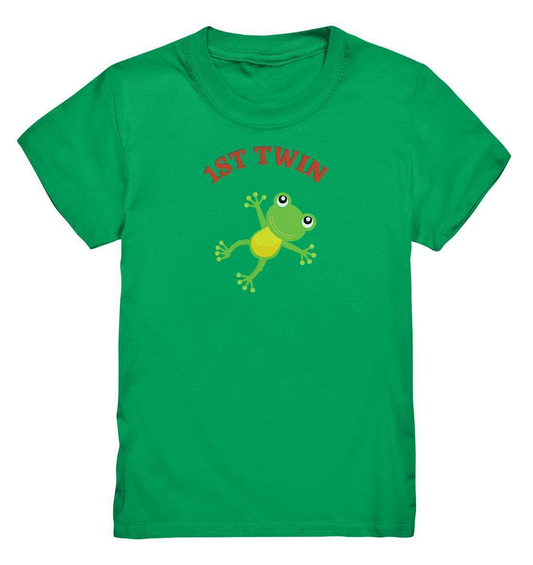 Zwilling Outfit - Erster Zwilling Frosch - Kids Premium Shirt-eineiige zwillinge,ertsgeborener,first twin,Frosch,geschwister,geschwisteroutfit,jungen,kinder,mädchen,naturliebe,twin,verwechseln,zweieiige zwillinge,zwillinge,zwillingsjungs,zwillingsmädchen,zwillingsoutfit