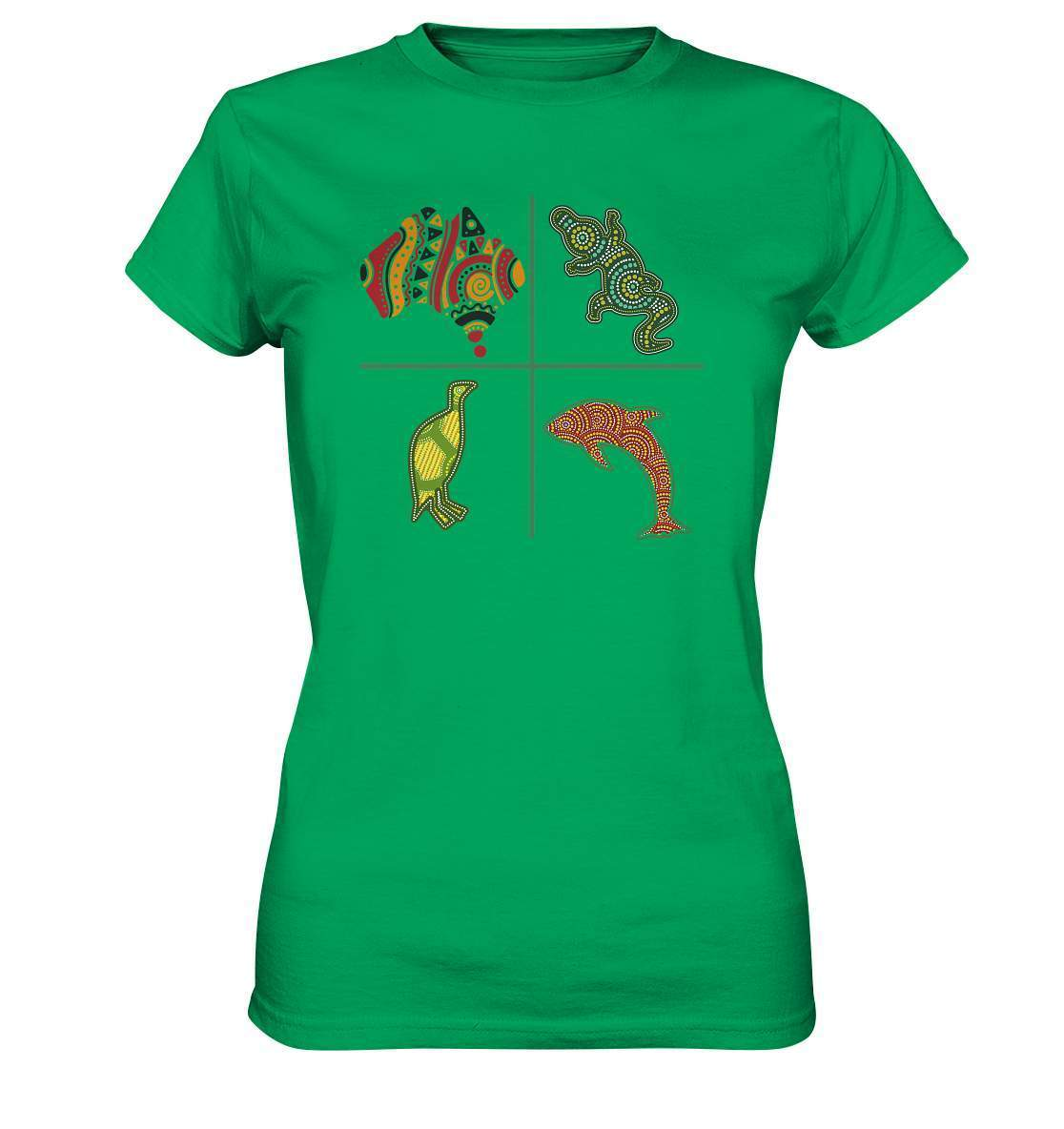 Aboriginal Australian Punktekunst Tiere - Ladies Premium Shirt-aborigines art,delfin,delphin,dotart,eingeboren,eingeborene australien,hand,kiwi,kroko,krokodil,kunst australien,Punktart,punkte,Punktkunst,stammeskunst,tasmanisch