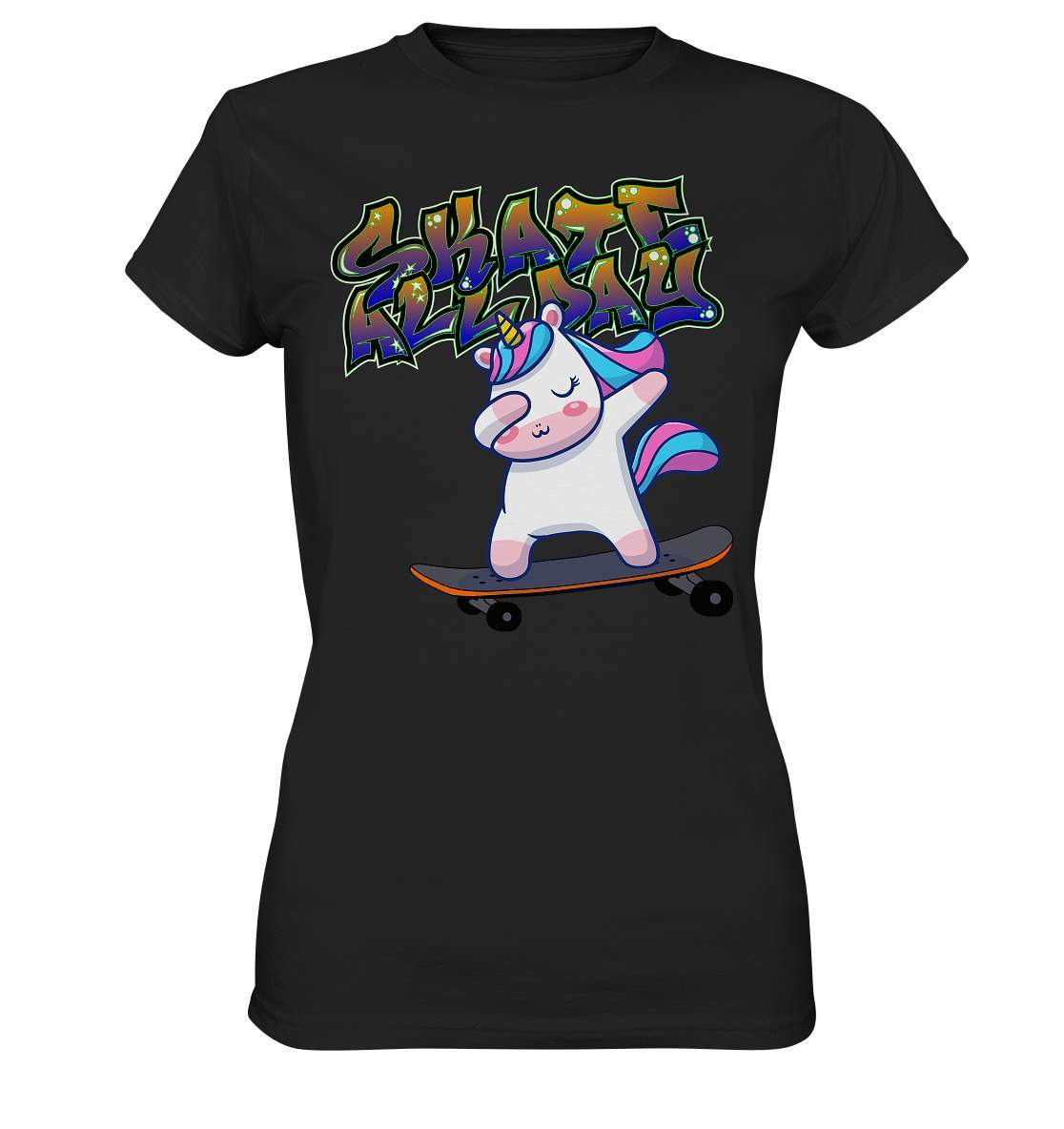 Dabbing Einhorn auf dem Skateboard Skate All Day Graffiti - Ladies Premium Shirt-dabbing einhorn,einhorn motiv,einhorn Skateboard,geschenkidee mit Einhorn,graffiti schrift,longboard outfit,skateboard fahren,skater mädchen