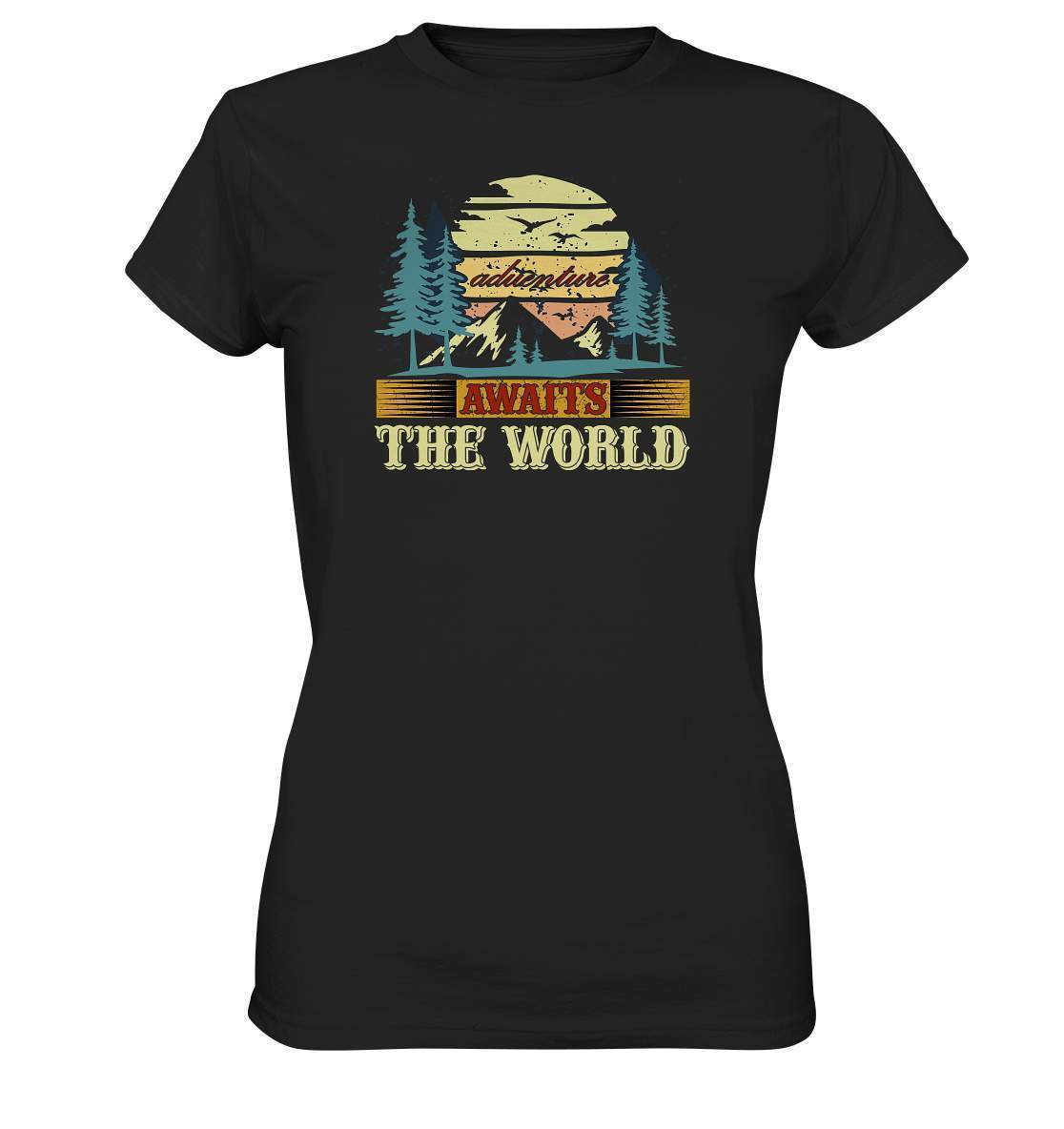 Vintage Adventure Awaits The World Reiselust - Ladies Premium Shirt-abenteuer,abenteuer warten,Adventure Awaits The World,berge,erlebnis,nomaden,reiselust,reisen,wald,wohnwagen,wohnwagen reise,wälder,zugreise