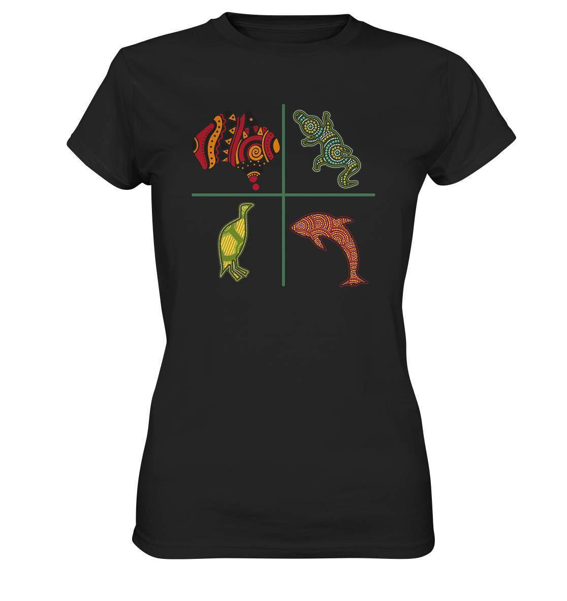 Aboriginal Australian Punktekunst Tiere - Ladies Premium Shirt-aborigines art,delfin,delphin,dotart,eingeboren,eingeborene australien,hand,kiwi,kroko,krokodil,kunst australien,Punktart,punkte,Punktkunst,stammeskunst,tasmanisch