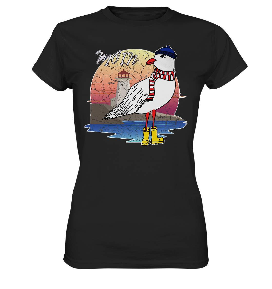 Moin Lässige Möwe im Sonnenaufgang mit Schal und Mütze - Ladies Premium Shirt-Maritim,Maritim Lifestyle,Maritim Style,Moin,Möwe,Möwe im Sonnenaufgang,Nordlicht,Nordsee,Ostsee,Ostseeurlaub,starndliebe,strand motiv,usedom