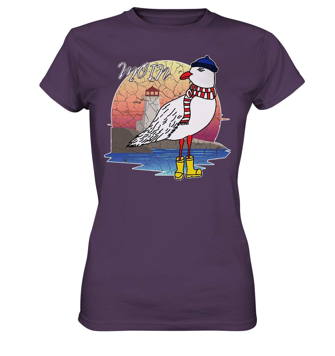 Moin Lässige Möwe im Sonnenaufgang mit Schal und Mütze - Ladies Premium Shirt-Maritim,Maritim Lifestyle,Maritim Style,Moin,Möwe,Möwe im Sonnenaufgang,Nordlicht,Nordsee,Ostsee,Ostseeurlaub,starndliebe,strand motiv,usedom