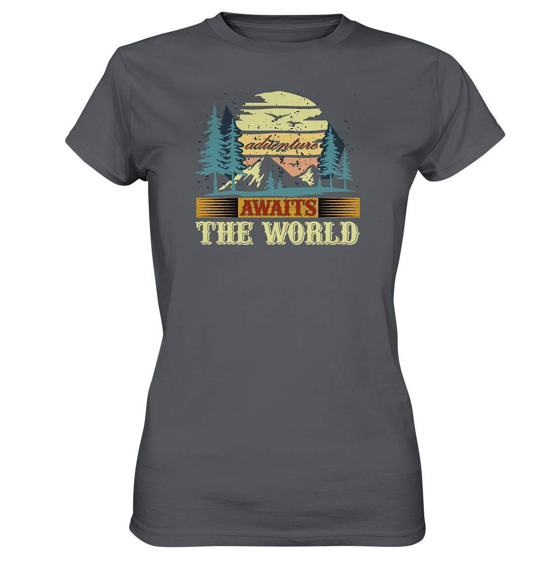 Vintage Adventure Awaits The World Reiselust - Ladies Premium Shirt-abenteuer,abenteuer warten,Adventure Awaits The World,berge,erlebnis,nomaden,reiselust,reisen,wald,wohnwagen,wohnwagen reise,wälder,zugreise