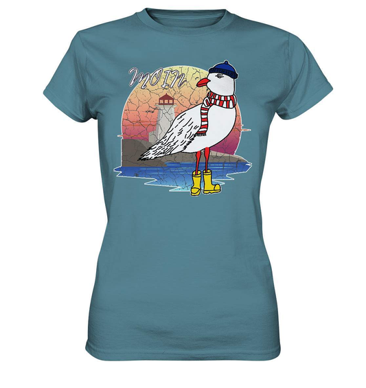 Moin Lässige Möwe im Sonnenaufgang mit Schal und Mütze - Ladies Premium Shirt-Maritim,Maritim Lifestyle,Maritim Style,Moin,Möwe,Möwe im Sonnenaufgang,Nordlicht,Nordsee,Ostsee,Ostseeurlaub,starndliebe,strand motiv,usedom