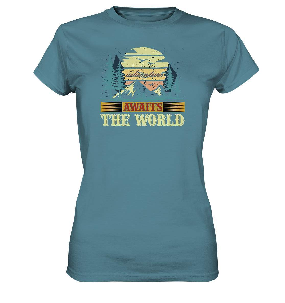 Vintage Adventure Awaits The World Reiselust - Ladies Premium Shirt-abenteuer,abenteuer warten,Adventure Awaits The World,berge,erlebnis,nomaden,reiselust,reisen,wald,wohnwagen,wohnwagen reise,wälder,zugreise