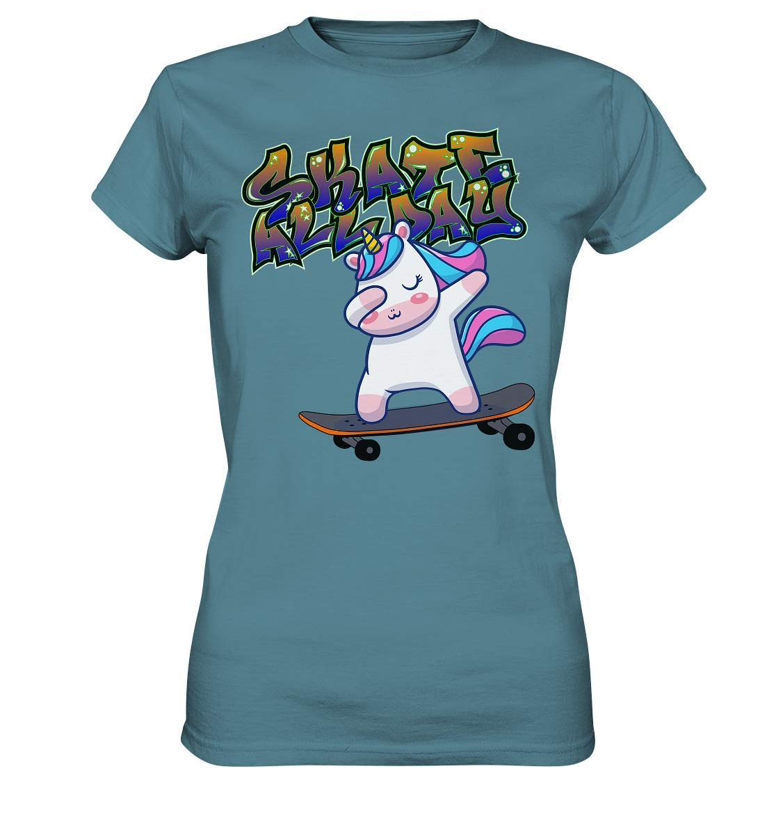 Dabbing Einhorn auf dem Skateboard Skate All Day Graffiti - Ladies Premium Shirt-dabbing einhorn,einhorn motiv,einhorn Skateboard,geschenkidee mit Einhorn,graffiti schrift,longboard outfit,skateboard fahren,skater mädchen