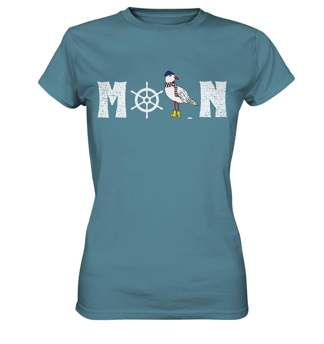 Moin mit Möwe und Steuerrad Nordsee Ostsee Maritim Style  - Ladies Premium Shirt-Maritim,Maritim Lifestyle,Maritim Style,Moin,Möwe,Möwe mit Mütze,Möwe mit Schal,Möwe mit Stiefel,Nordlicht,Nordsee,Ostsee,Ostseeurlaub,Steuerrad